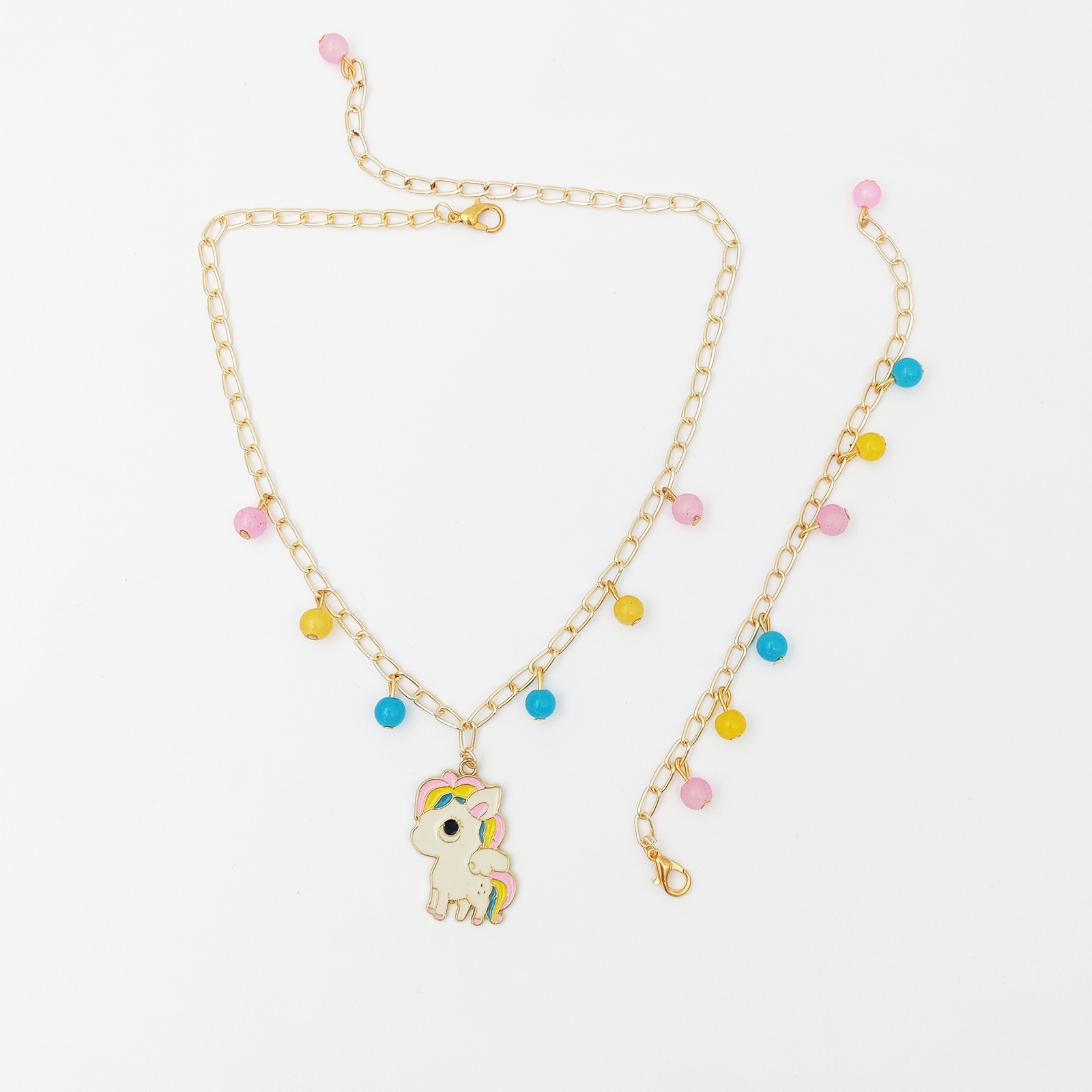 Lime By Manika | Pony Enameled Charm Necklace & Beaded Bracelet Set Pink, Yellow, Blue undefined
