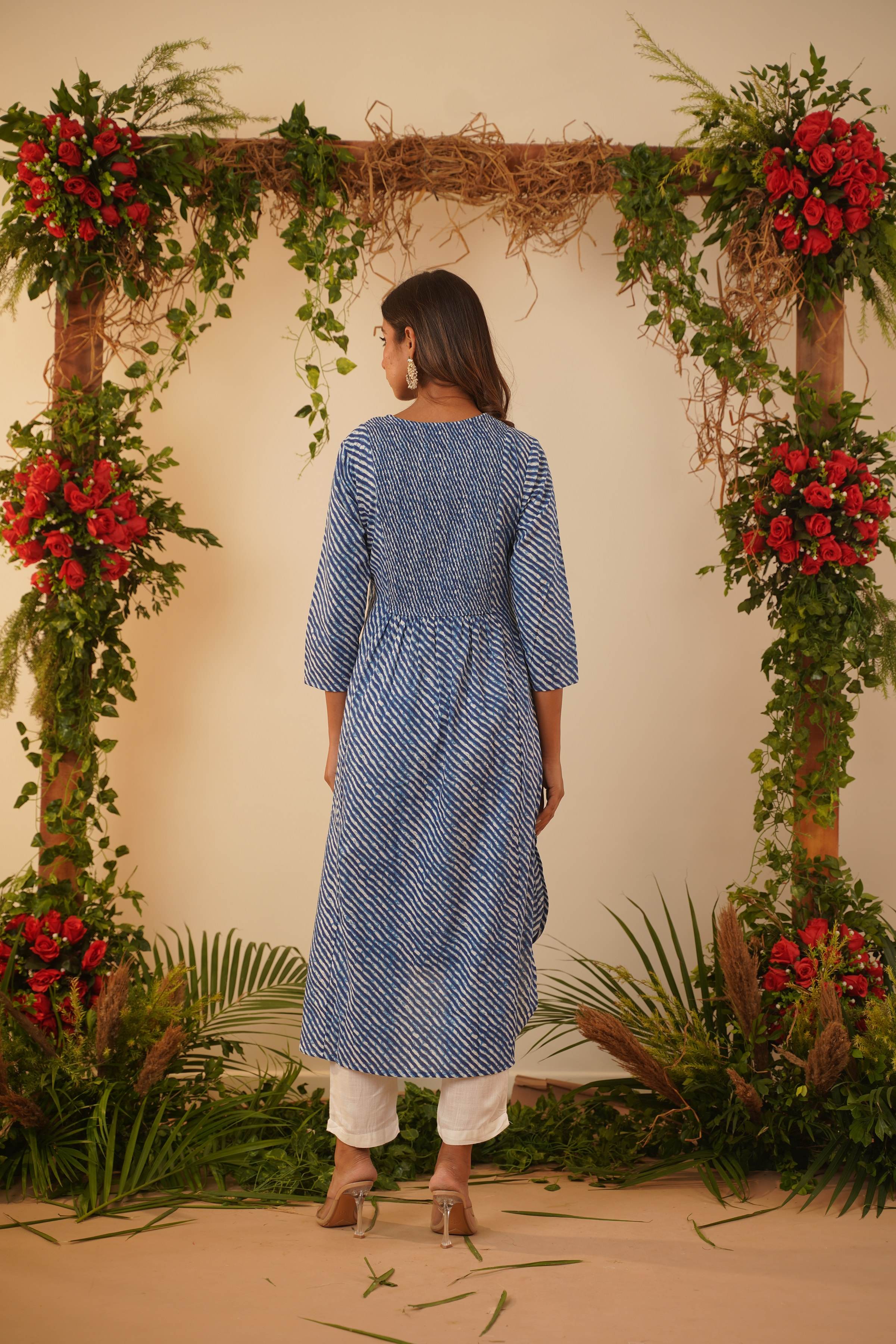 Blue Leheriya High-Low Kurta Set