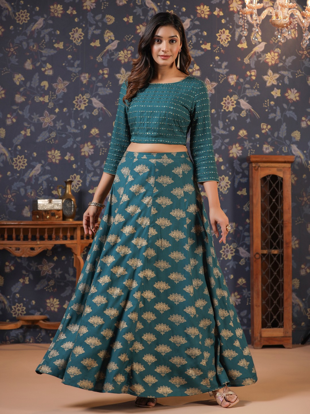 Floral Embroidered Jashn Regular Thread Work Top with Skirt
