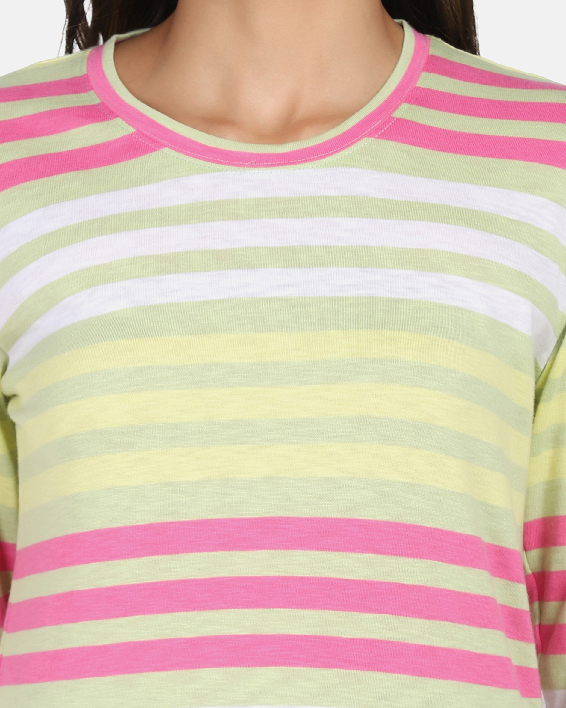 Full Sleeves Pink & Green Striped T Shirt