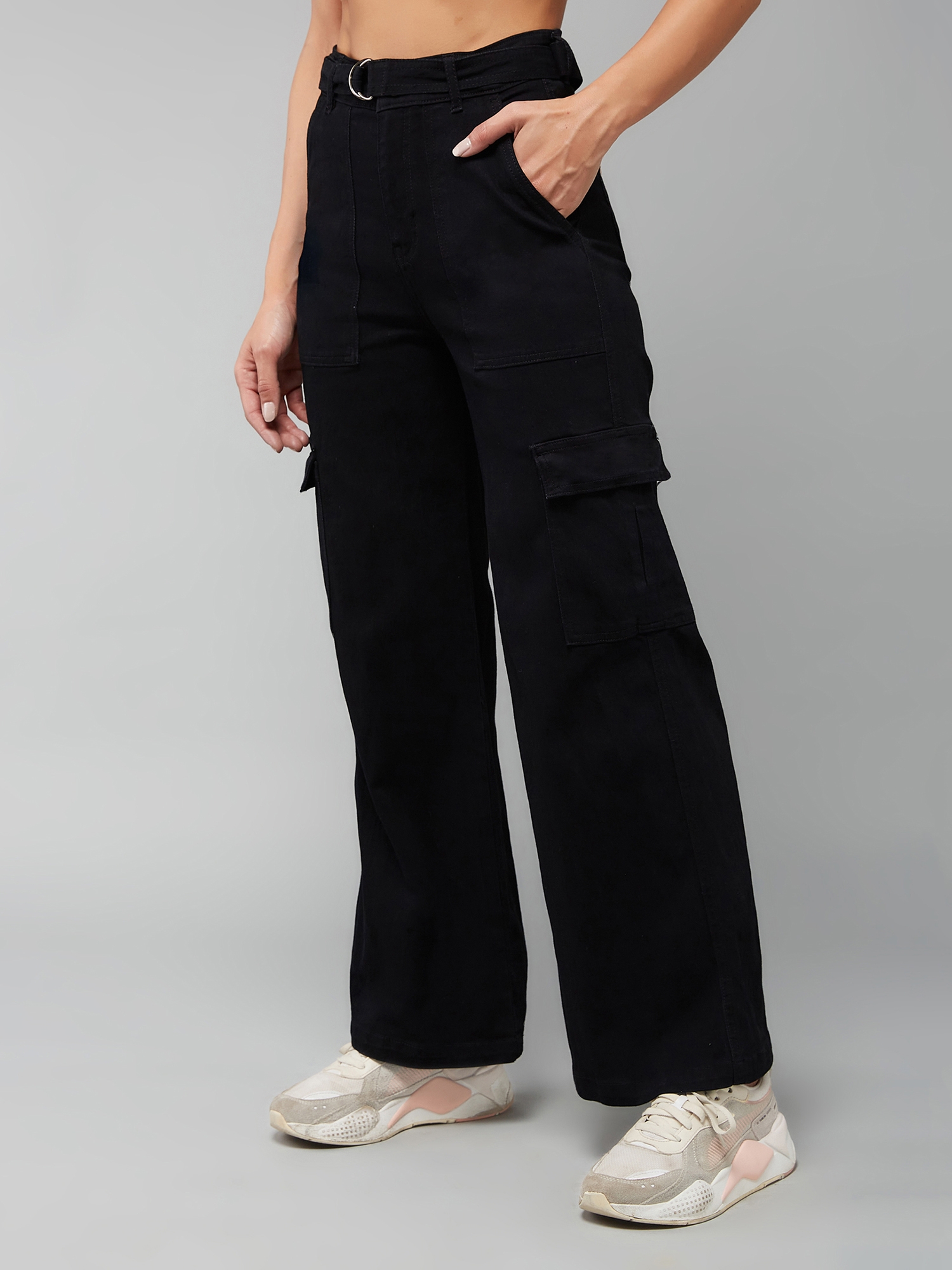 Dolce Crudo | Women's Black Wide leg High rise Clean look Regular Stretchable Denim Jeans