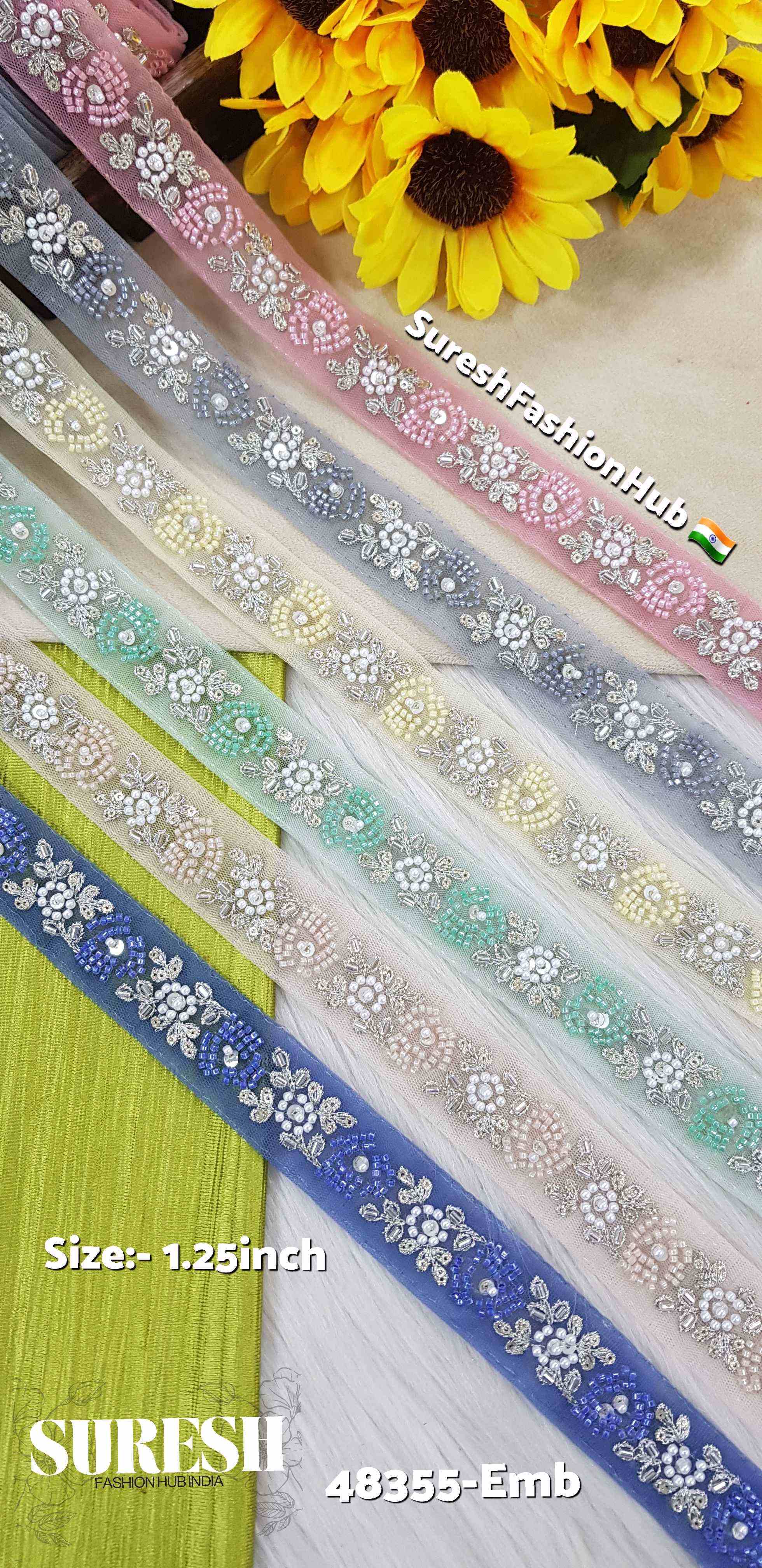 Blue Beaded Bloom Net Embroidered Lace