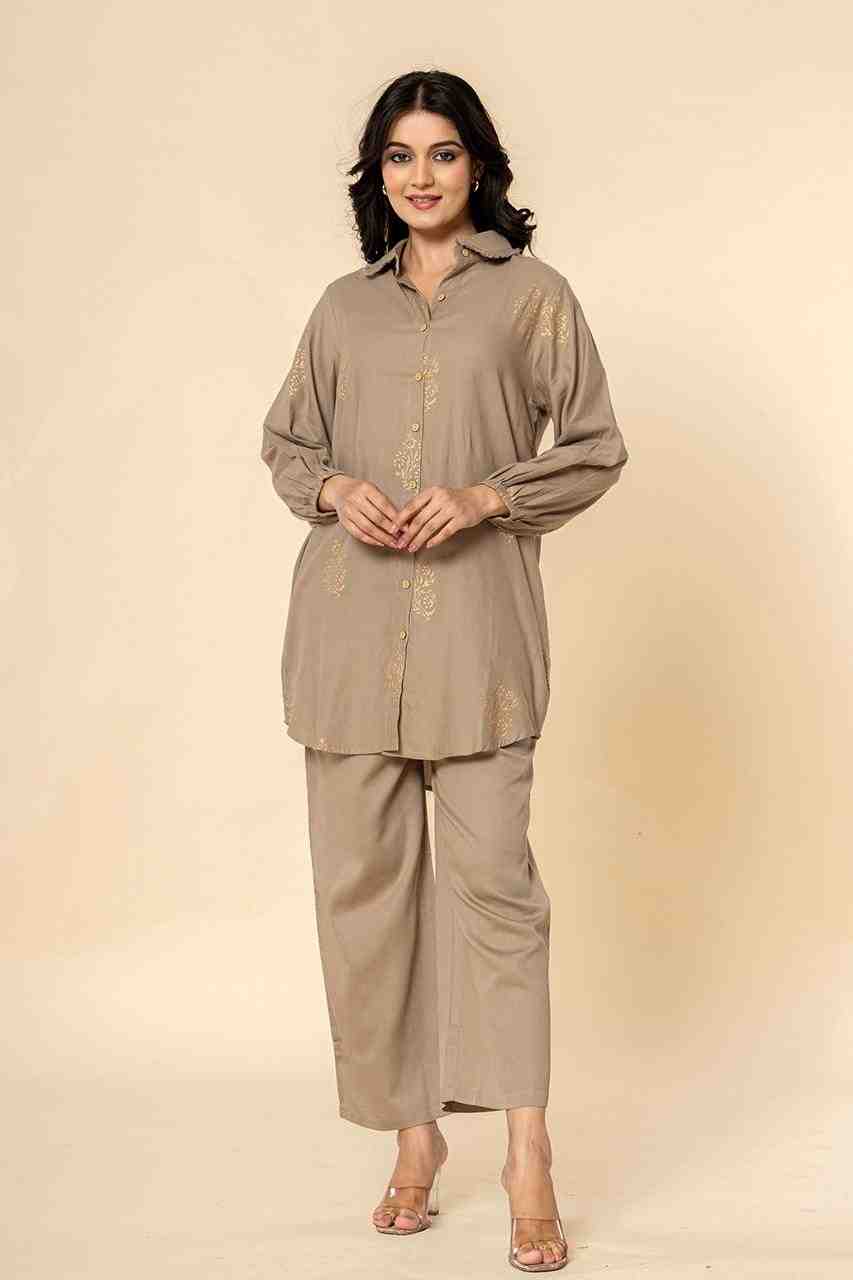 Naksh Grey Cotton Satin Co-ordinated Set With Gold Print (Set of 2)