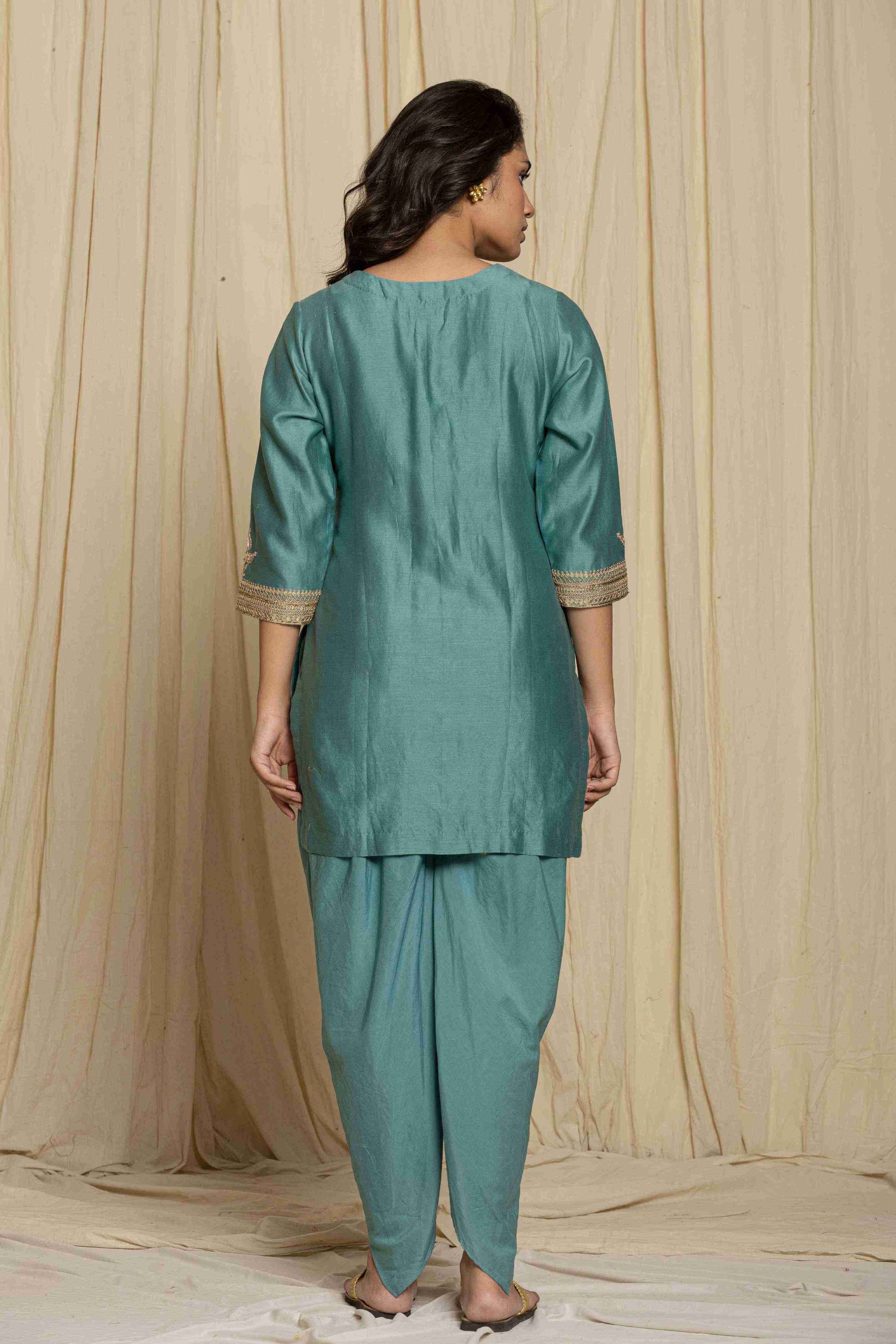 Teal blue handwork kurta with tulip pant