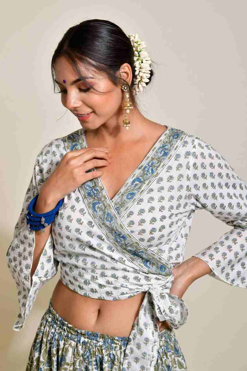 Naksh White and Blue Cotton Skirt, Top, Mulmul Dupatta (Set ot 3)