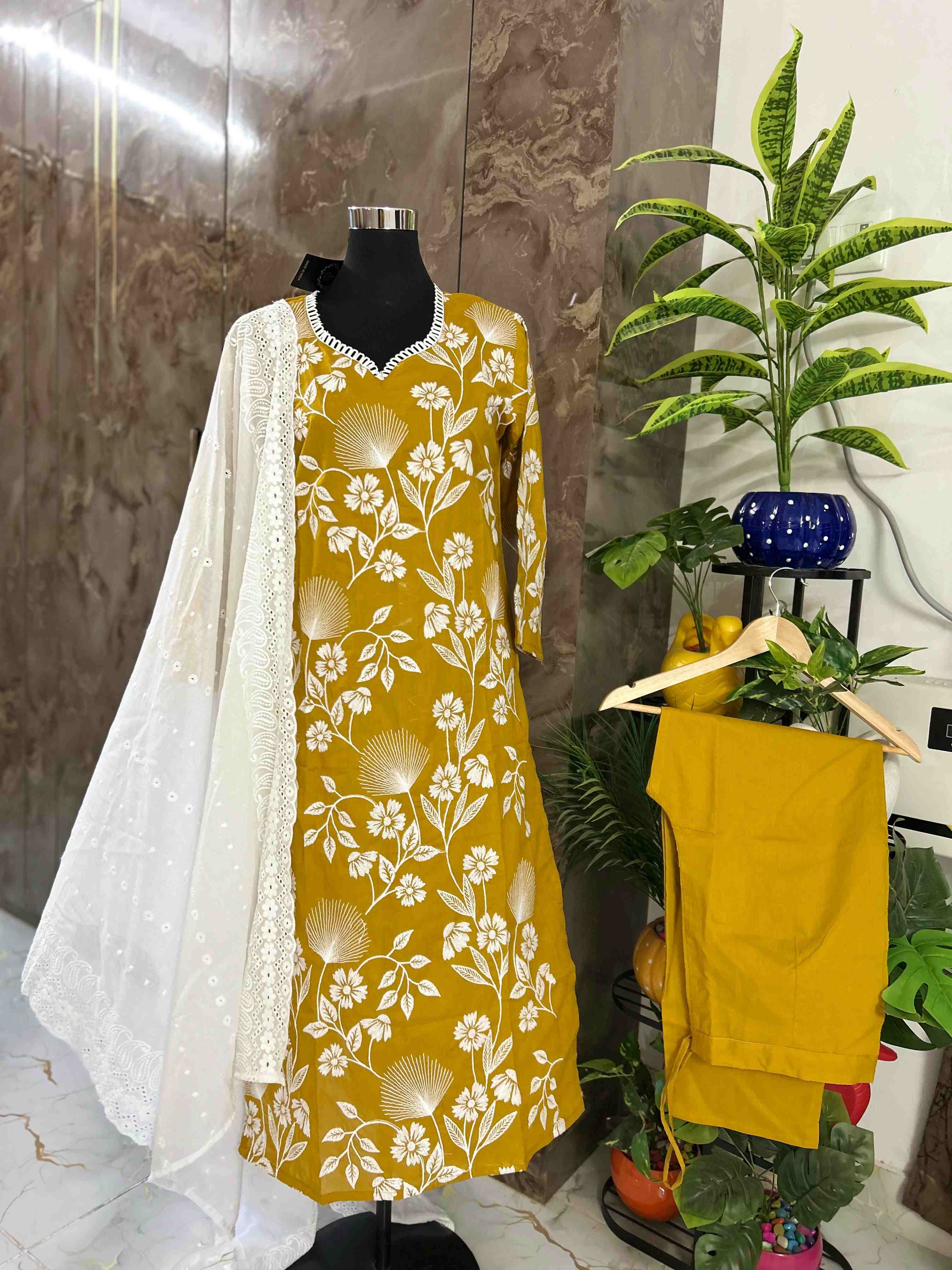 Mustard yellow tread embroidered kurta sets with white cotton chickenkari dupatta