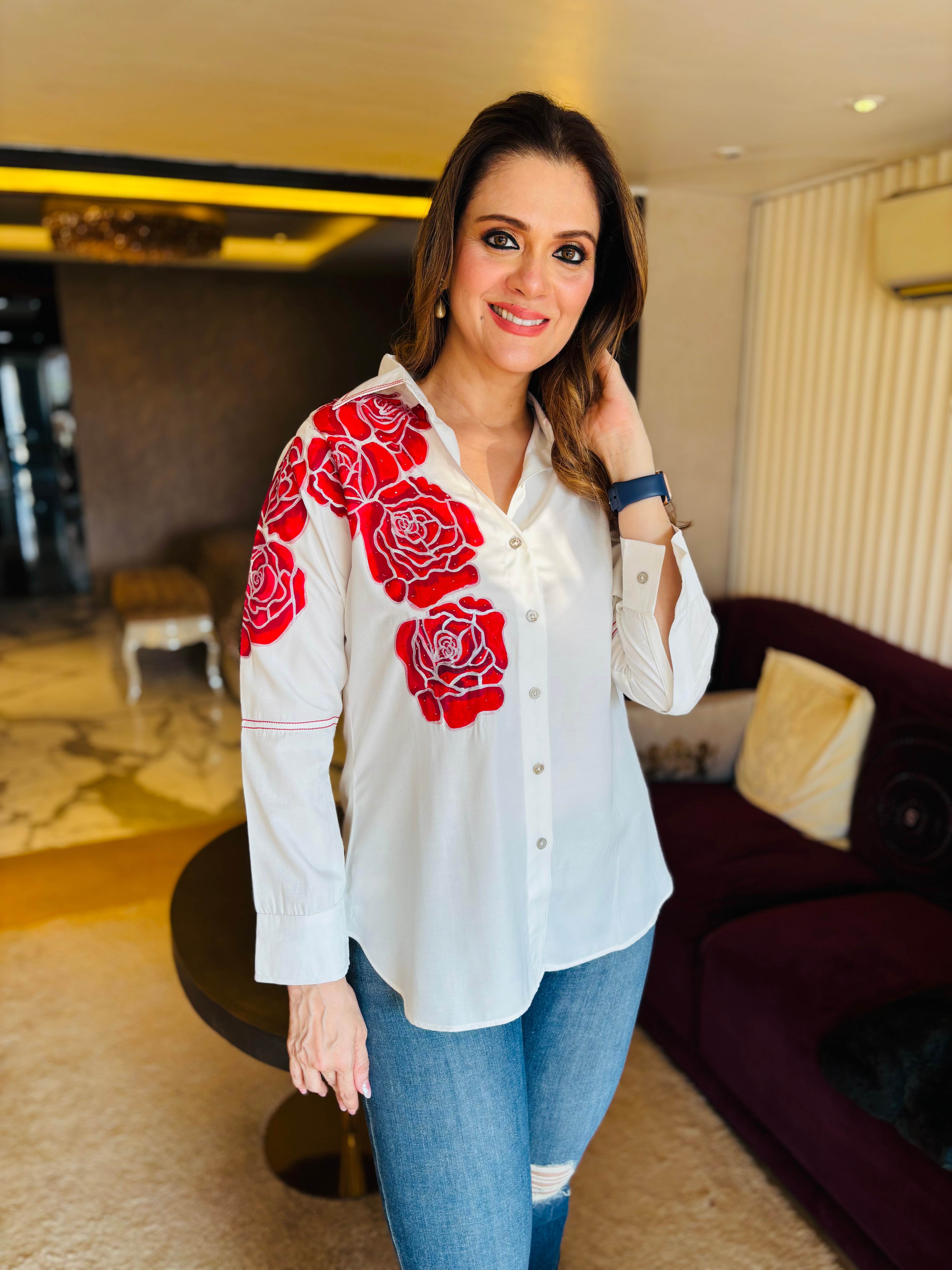 White hand painted roses Shirt