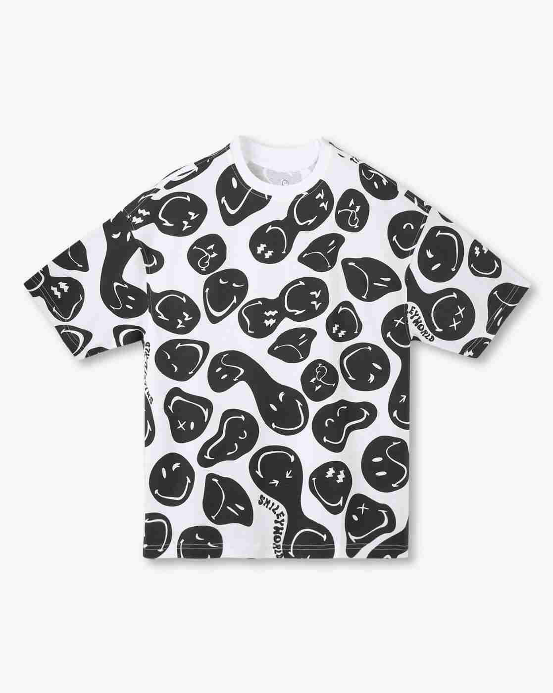 YB DNMX | Boys Smiley All-Over Print Loose Fit Cotton Crew-Neck T-Shirt|0