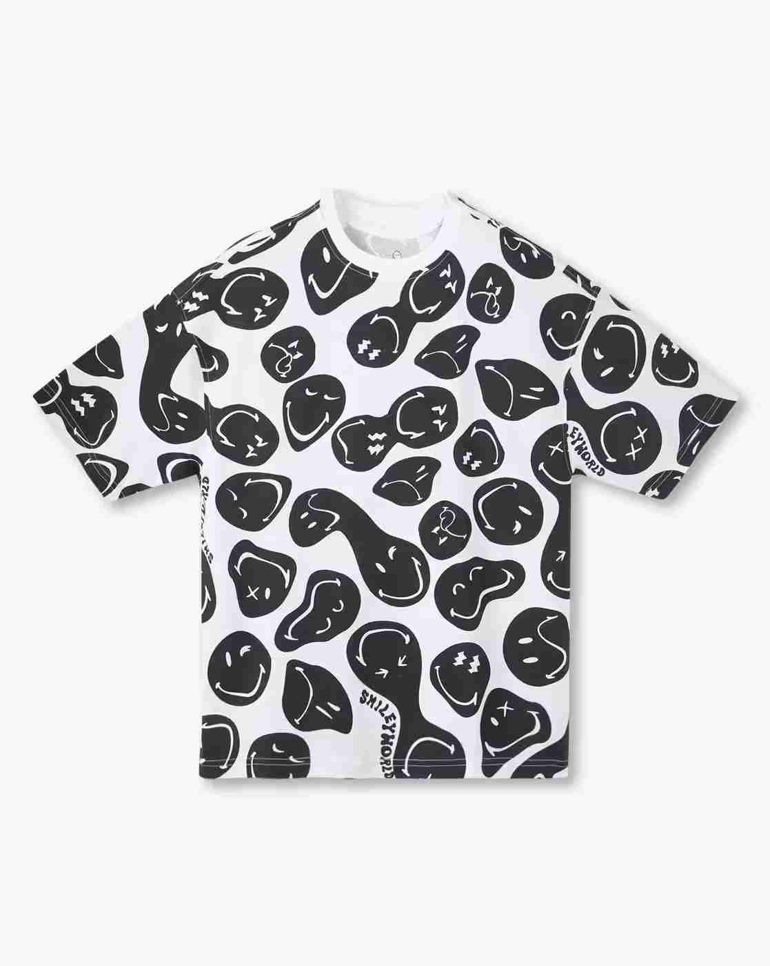 YB DNMX | Boys Smiley All-Over Print Loose Fit Cotton Crew-Neck T-Shirt|0