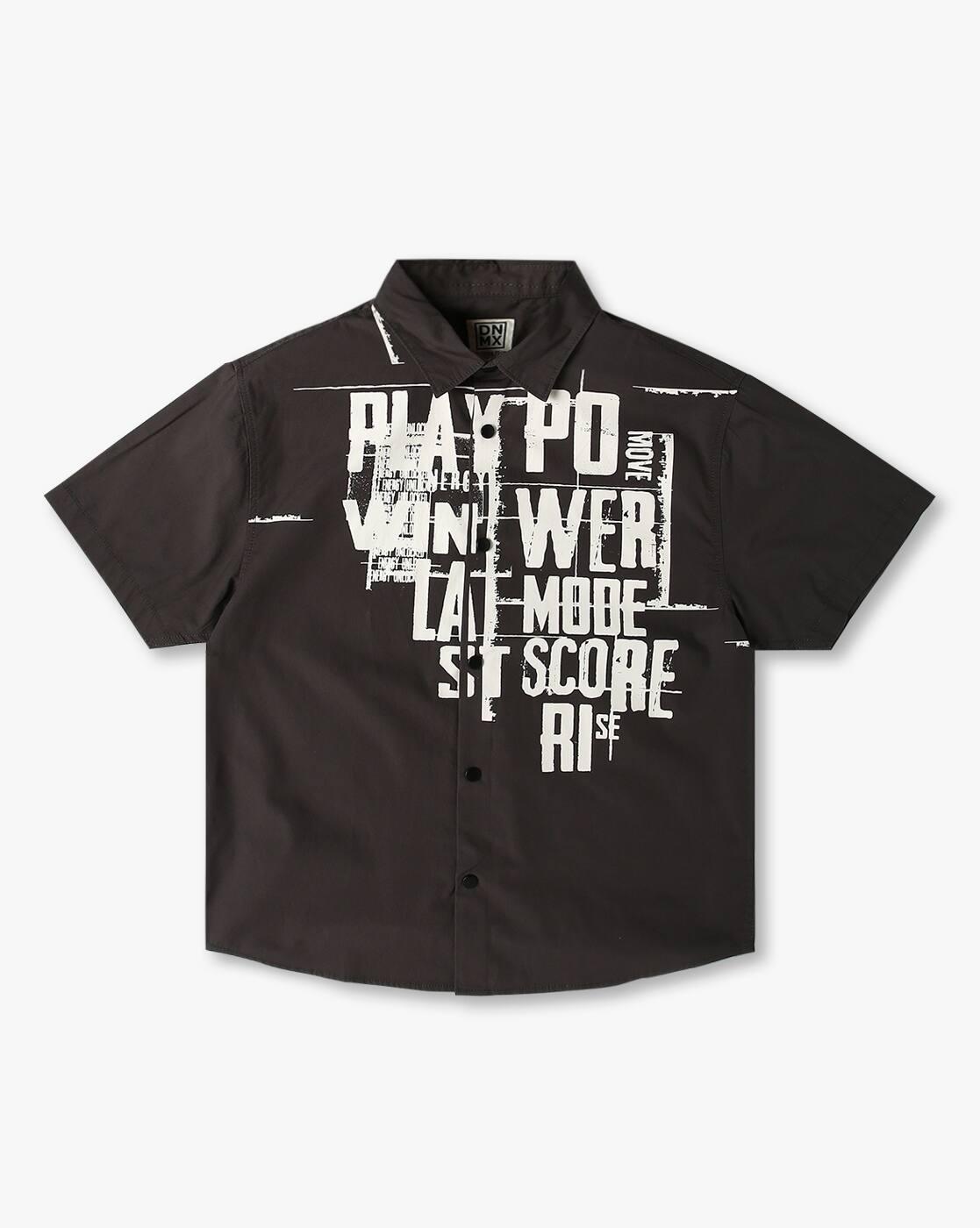 YB DNMX | Boys Typographic Print Boxy Fit Cotton Shirt|0