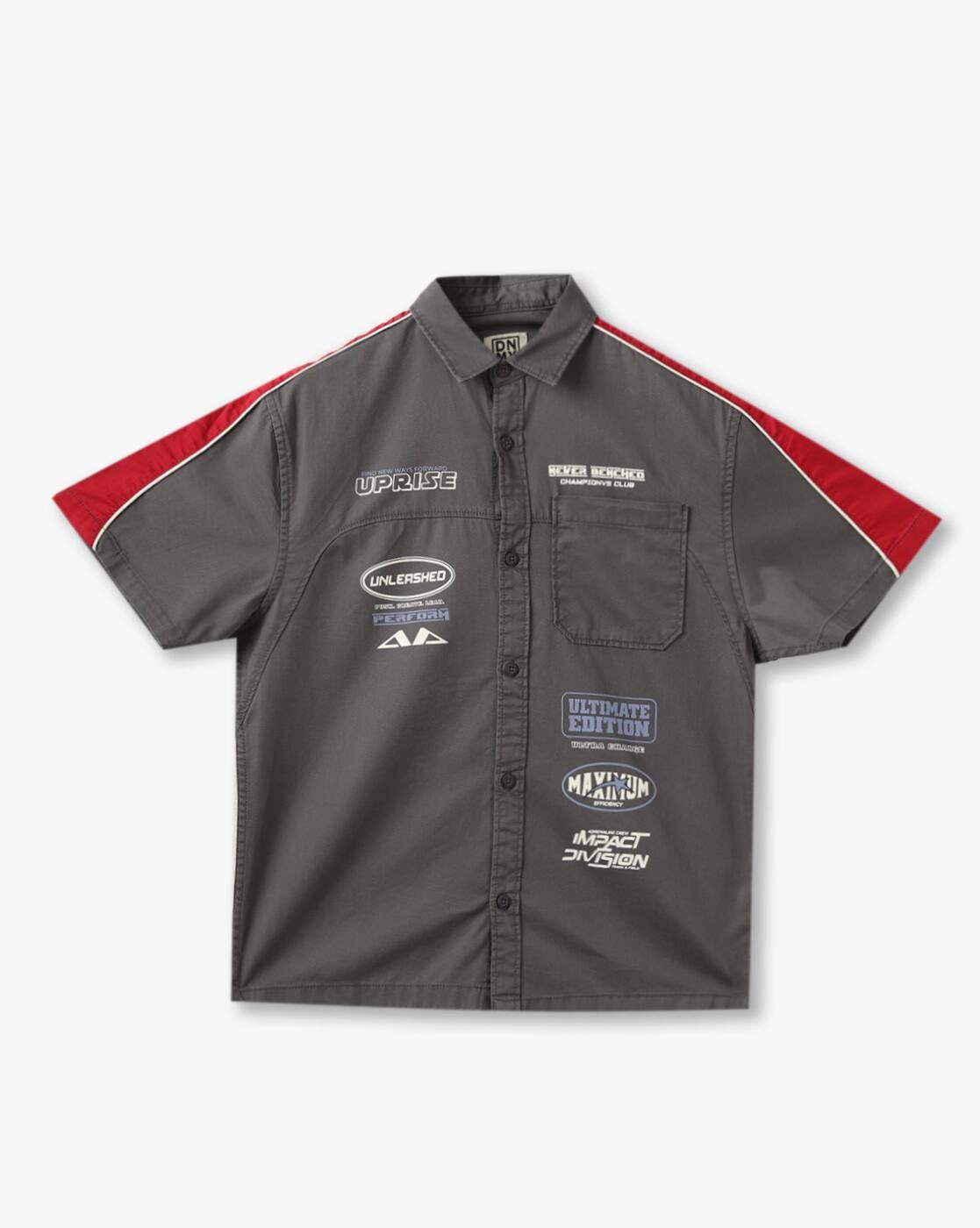 YB DNMX | Boys Typographic Print Boxy Fit Cotton Shirt with Patch Pocket|0