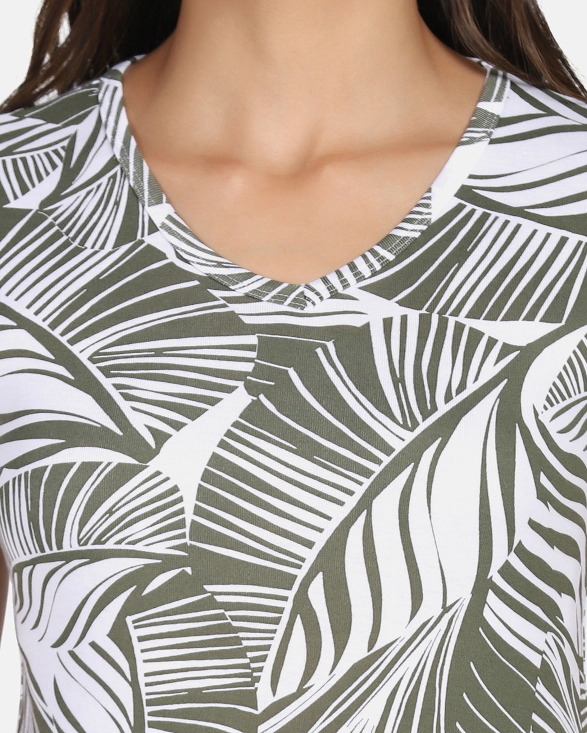 Olive Leaf Printed V Neck T Shirt 