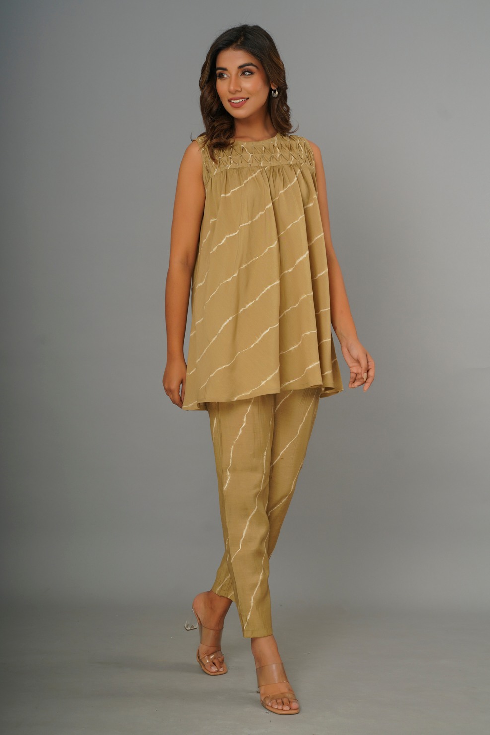 Mustard Colored Printed And Gathered Peplum Co-Ord Set