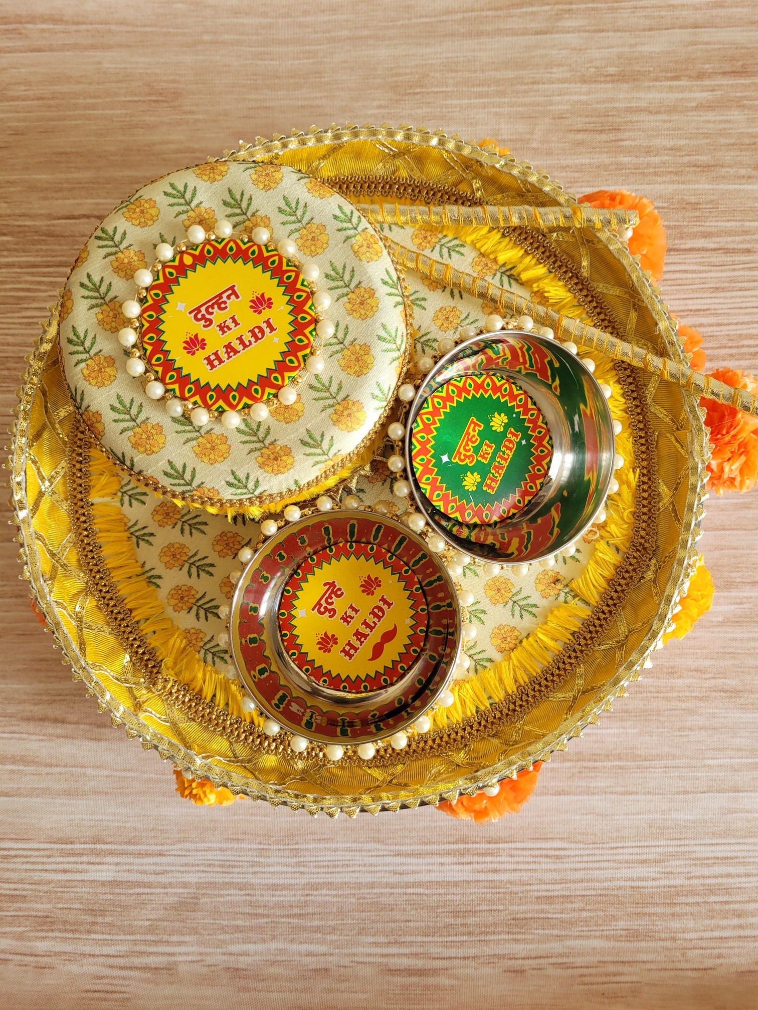 Floral art | Yellow Haldi platter with Artificial Flower Marigolds undefined