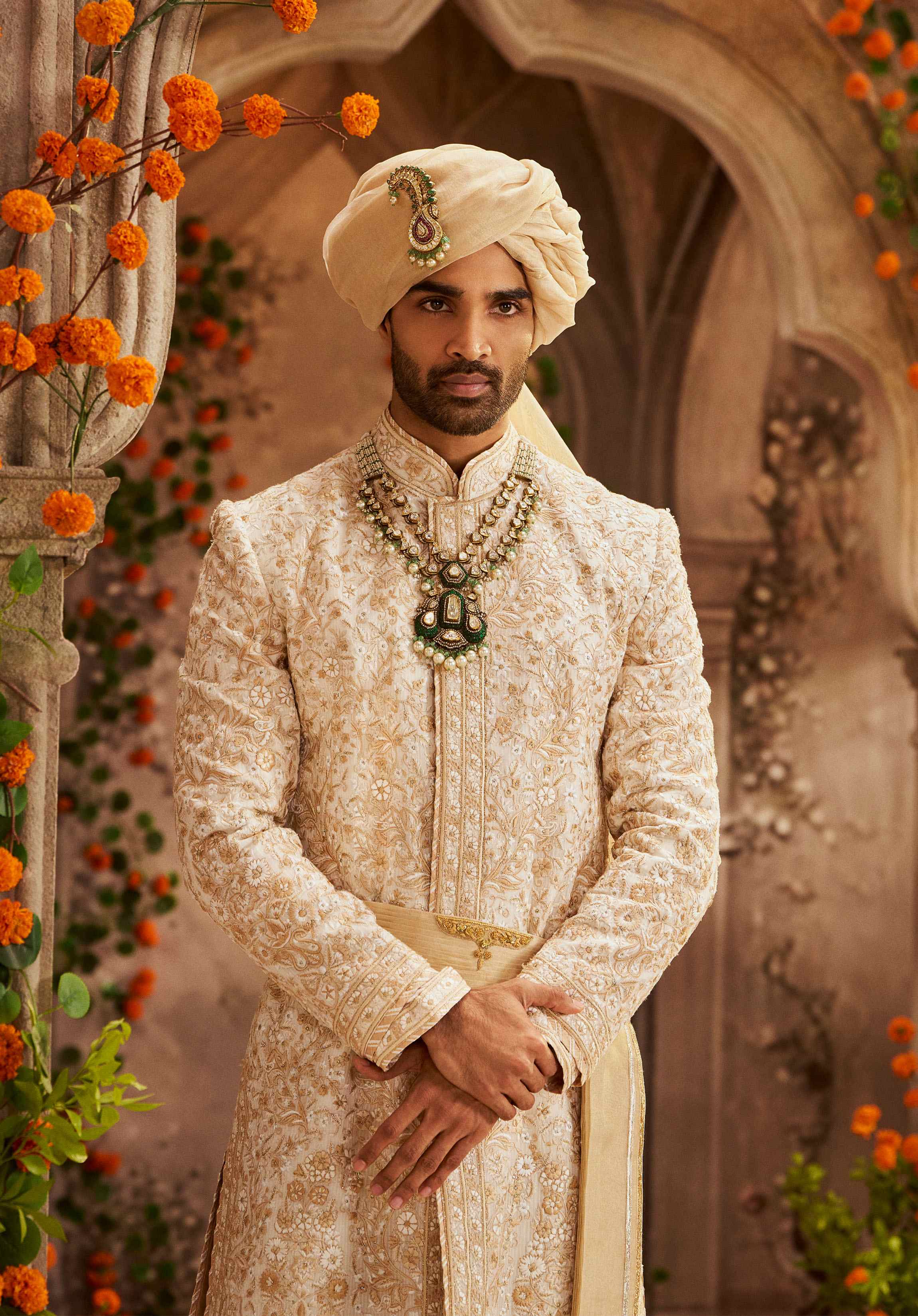 Off White & Beige Stripe Chanderi Sherwani