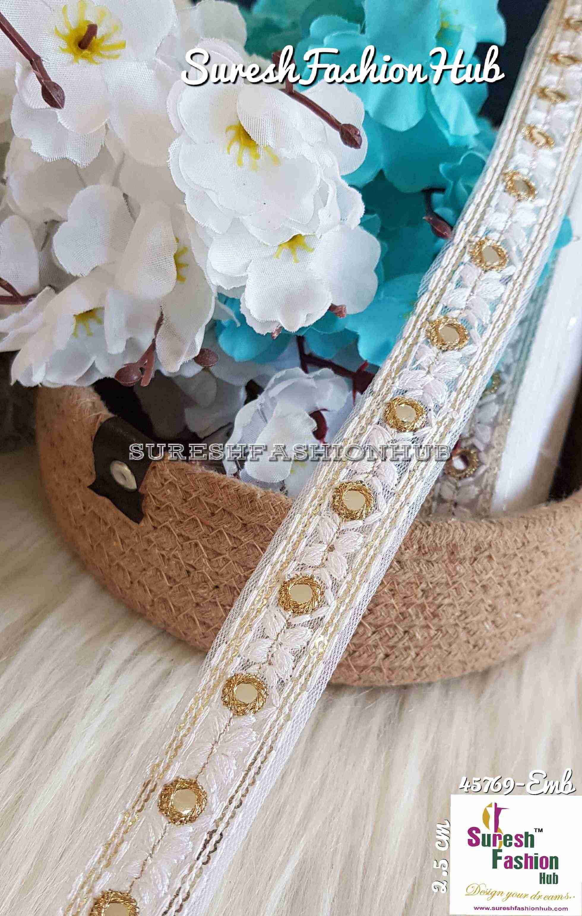White Color Threaded Embroidery Trim