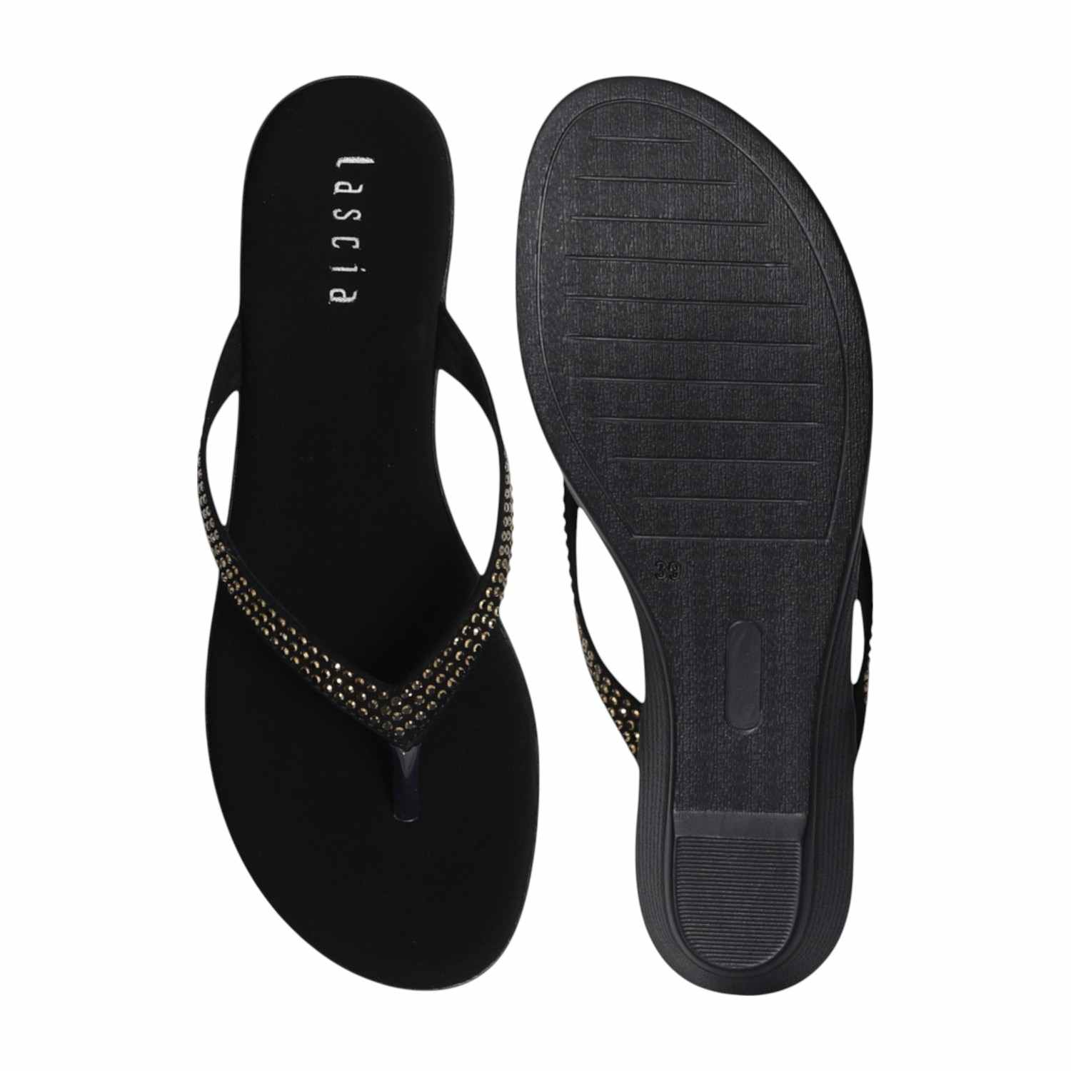 Women Black Gleam Embellished Wedges