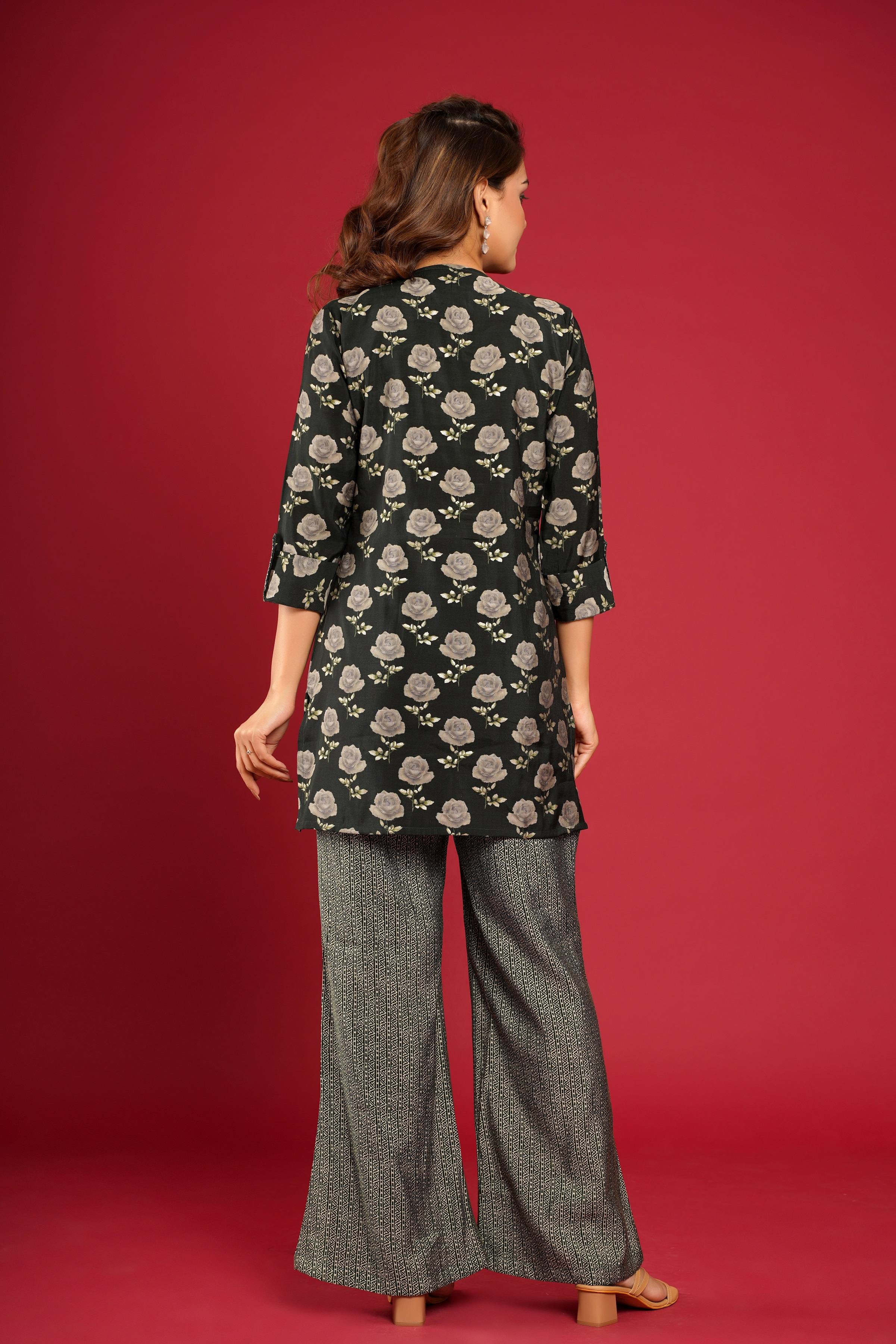 Green Floral Short Kurti Pant Set