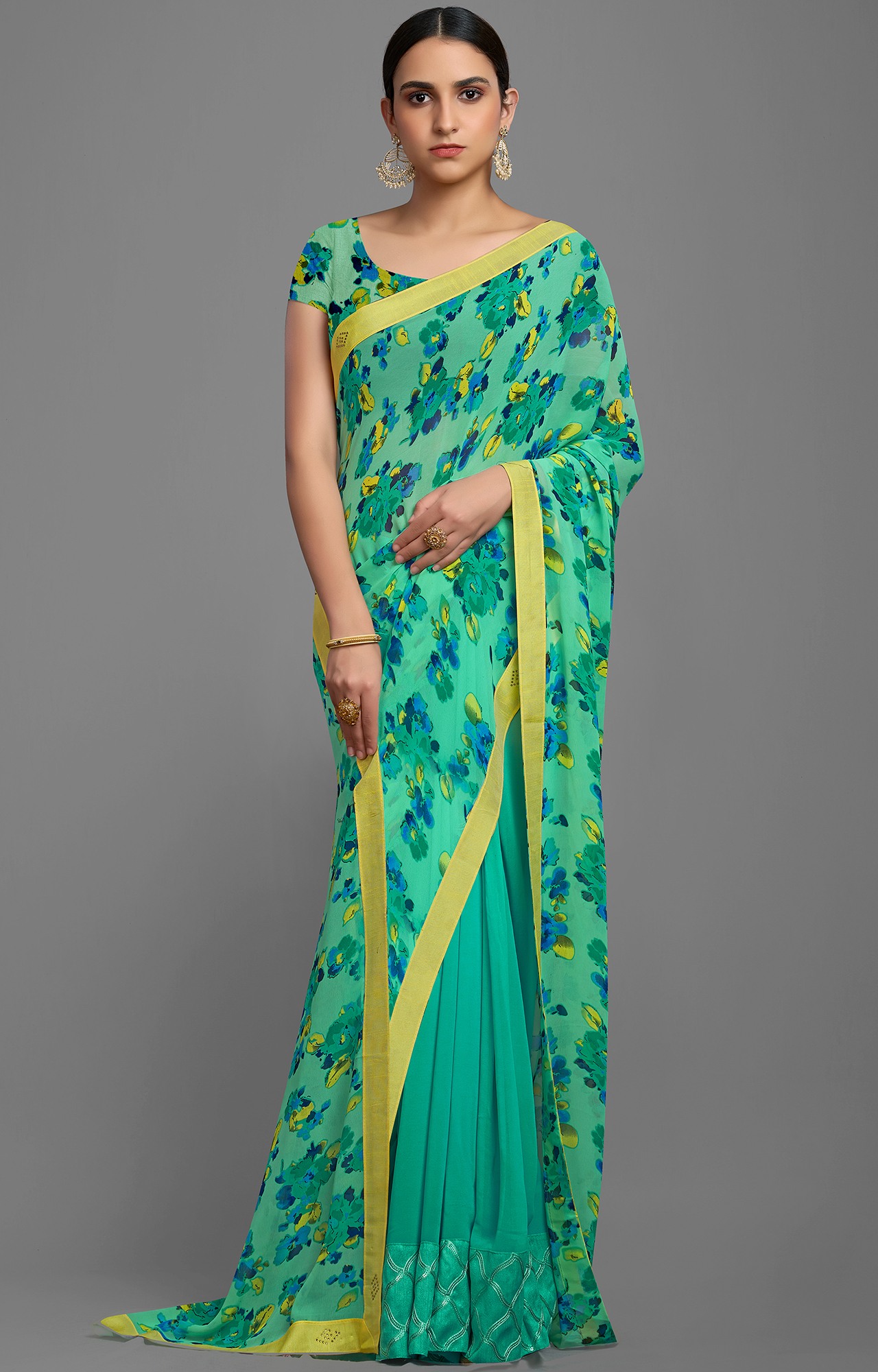 Women's Light Green Georgette Floral Print Half N Half Saree-SHAMA6671SSSR004