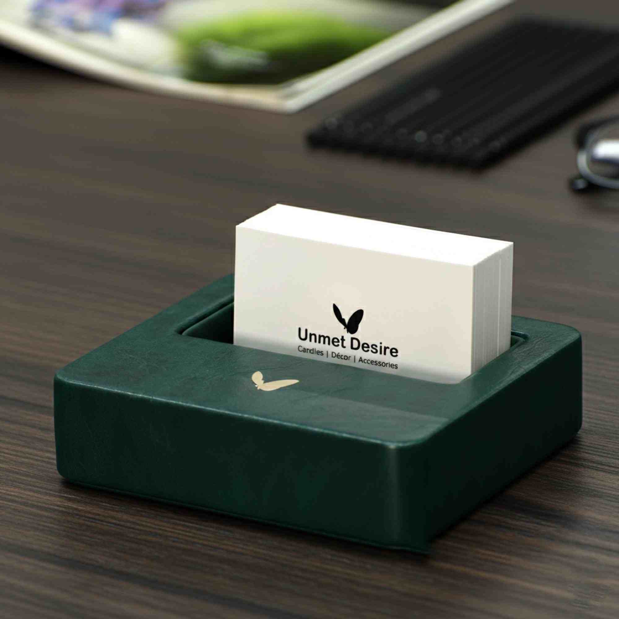 Visiting Card Holder for Desk | Faux Leather | Square | Moderno | Olive Green