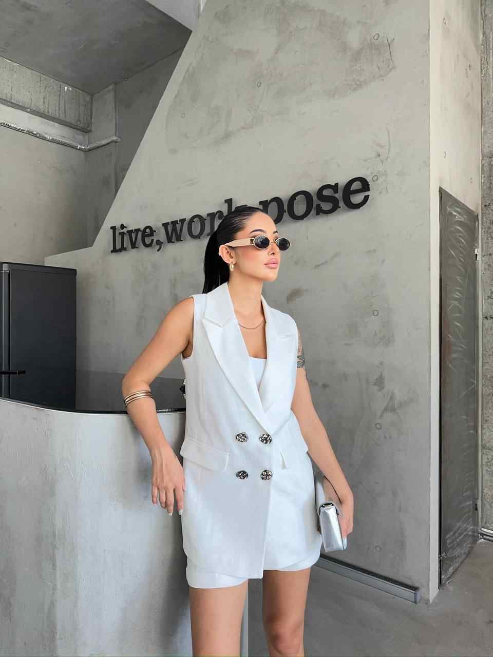 White linen long vest and shorts co-ord set