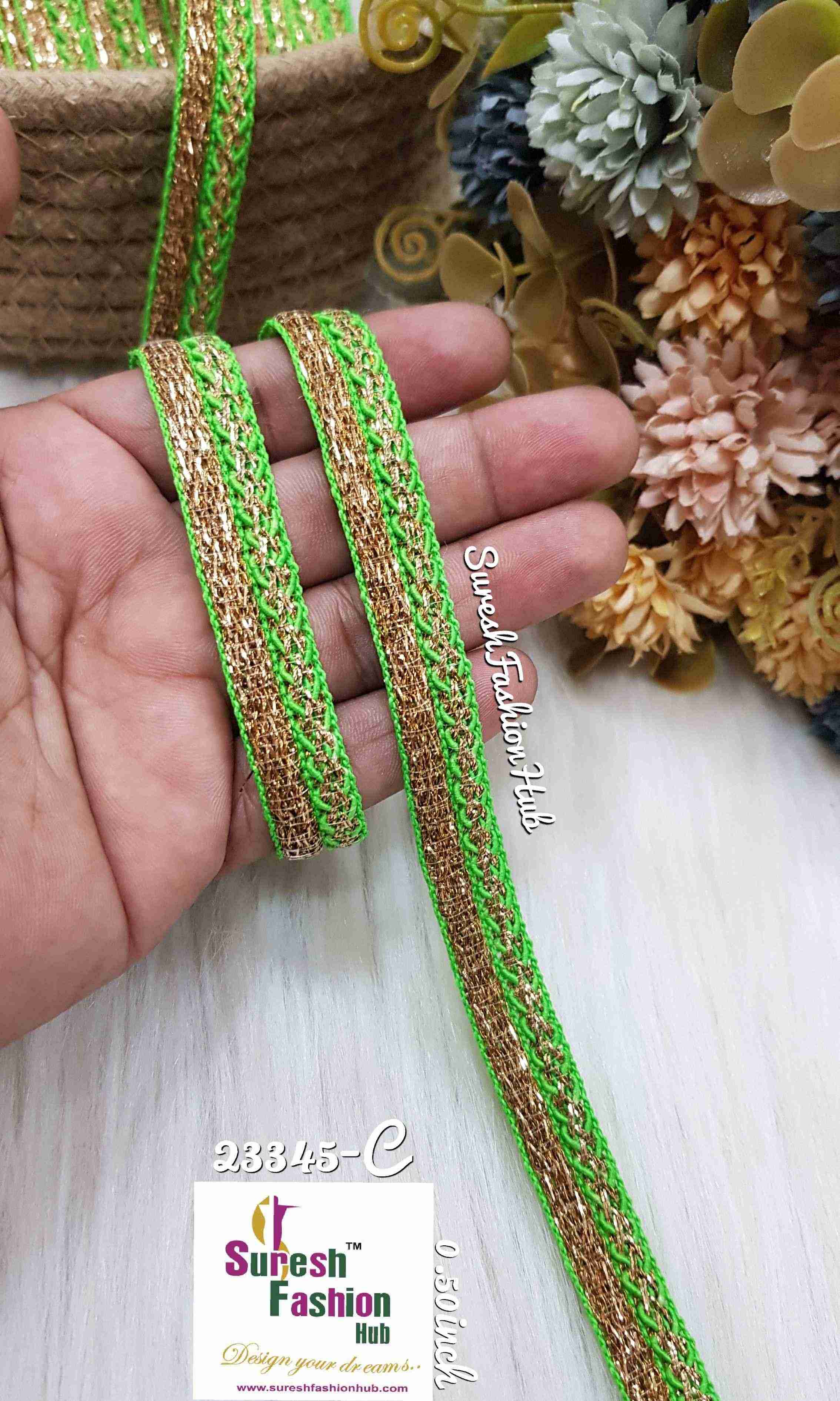 Golden Zari Glimmer Parrot Green Bases Designer Trims