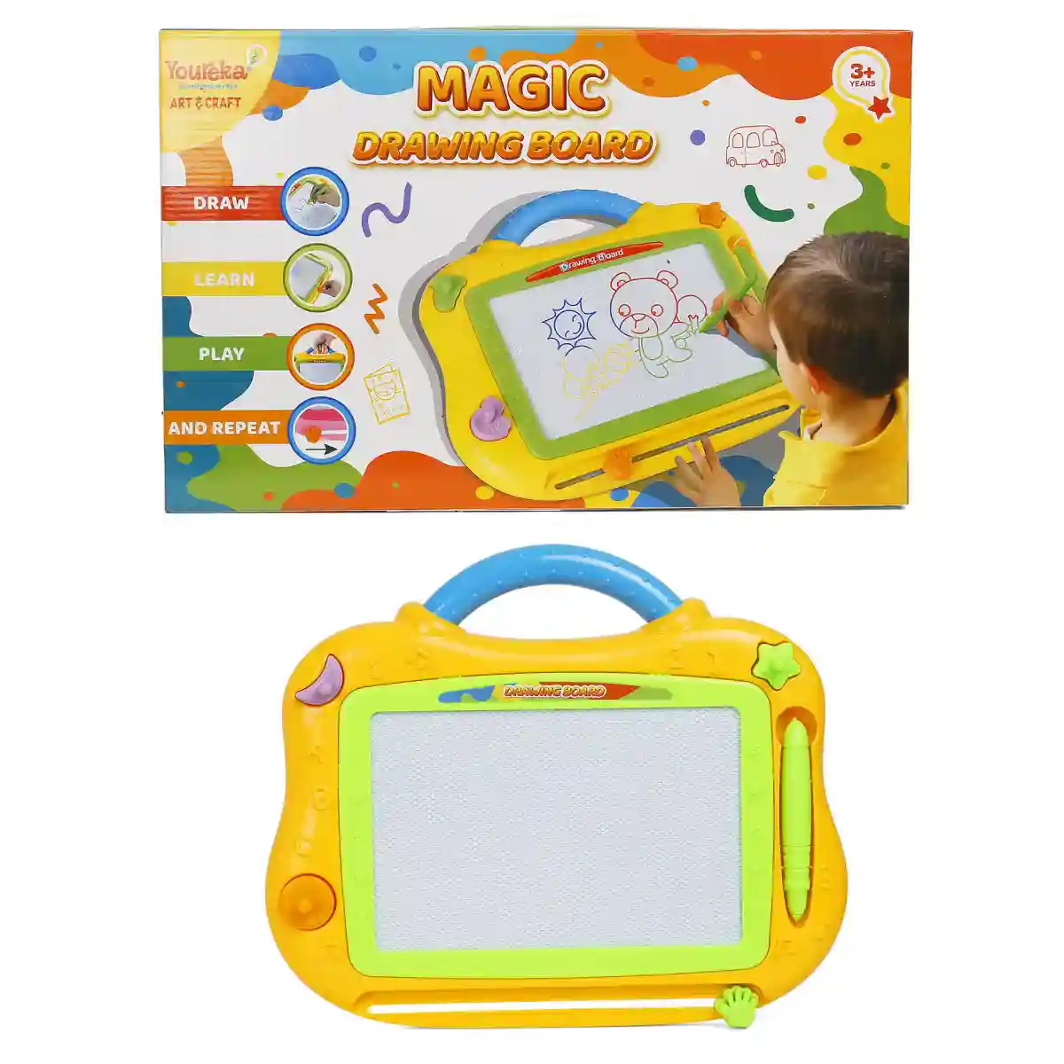 Youreka Magic Slate for Kids Magnetic Writing & Drawing Board for Kids Learning Toy with Art Fun Doodles & Magnetic Shapes Stamp for Kids, 3Yrs+, Multicolour