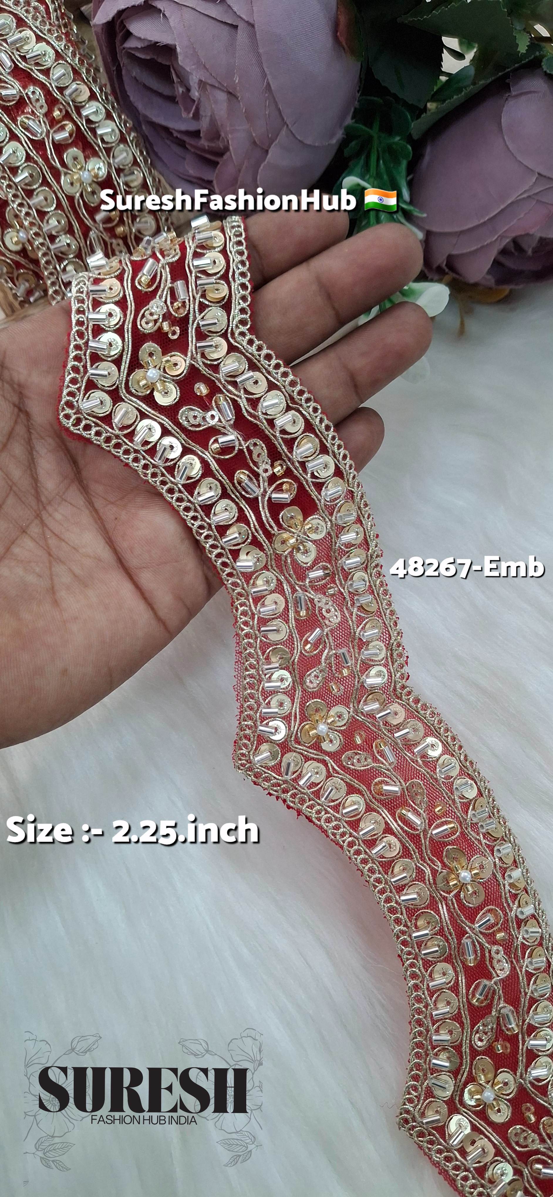 Red Scallop Pearl Embroidery Lace