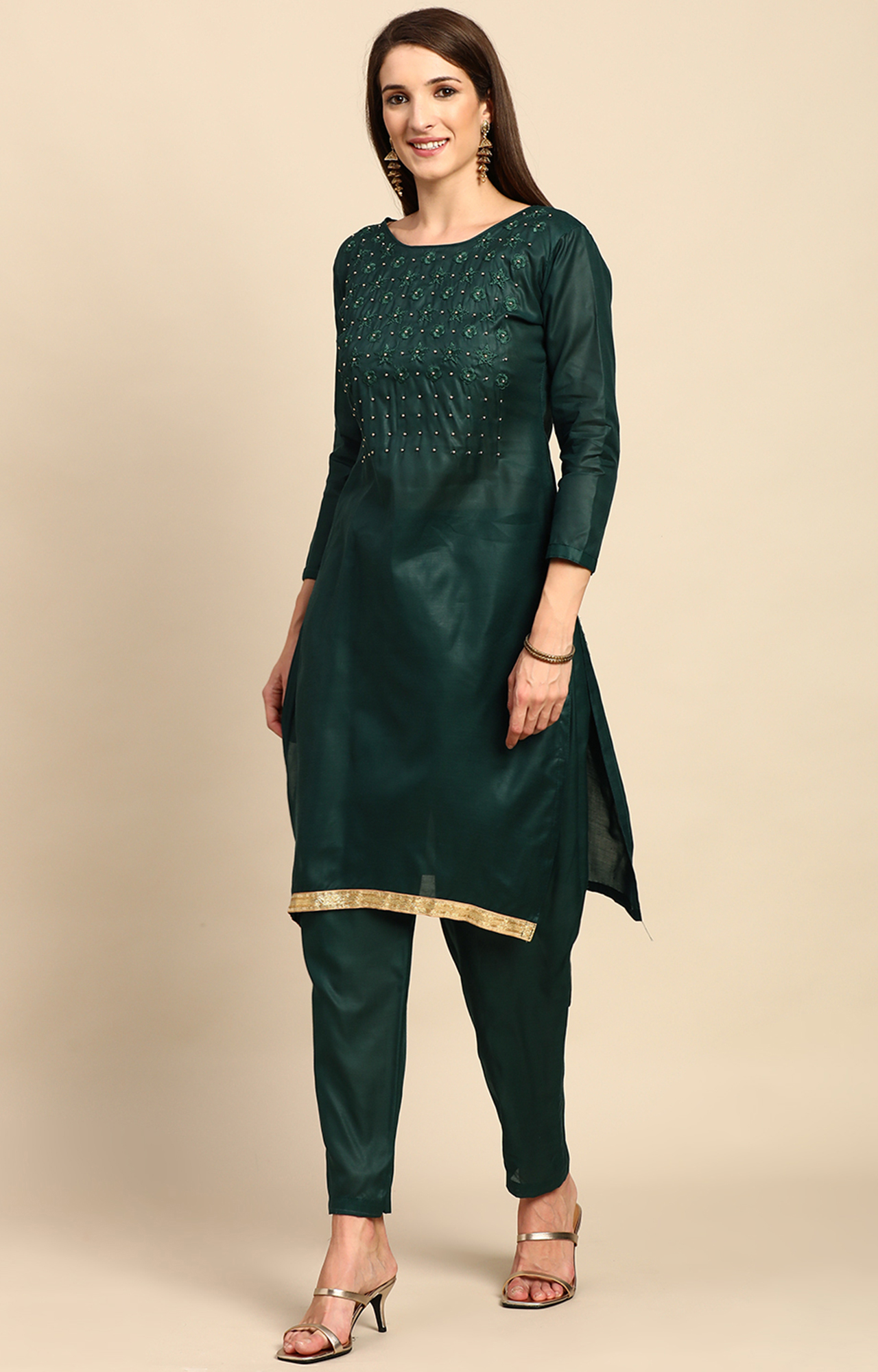 Shaily Women Dark Green Color Cotton Embroidered With Pearl Unstitched Dress Material-VF_KRINA_DGRN_DM