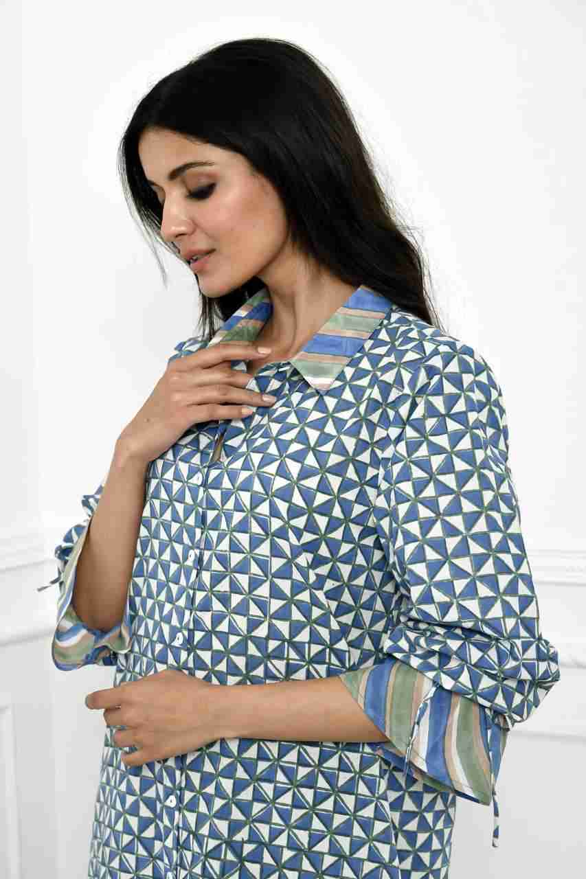 Naksh Blue Geometric Print Long Shirt-Kurta With Pockets