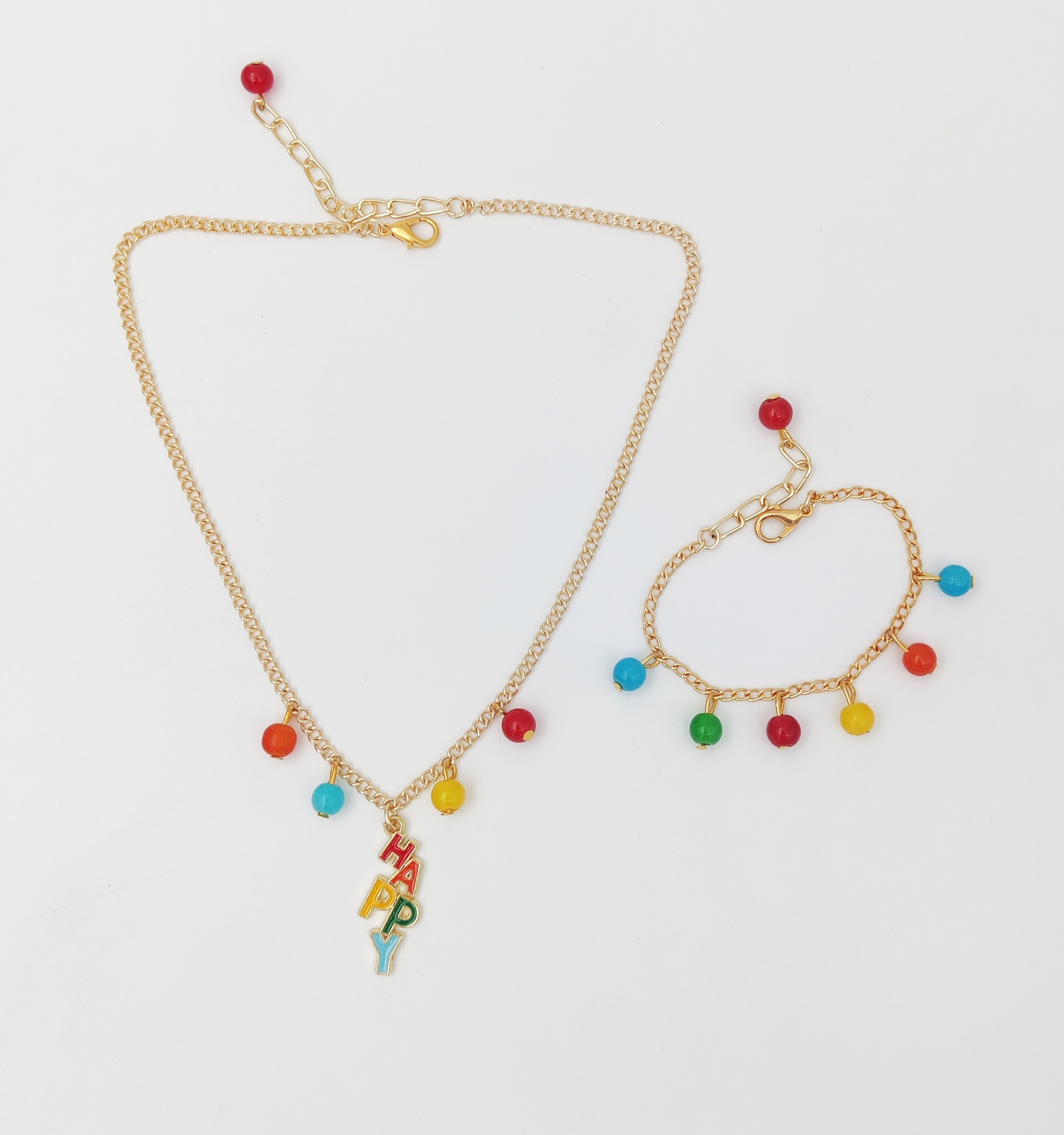 Lime By Manika | Happy Enameled Charm Necklace & Beaded Bracelet Set, Red, Yellow, Blue undefined