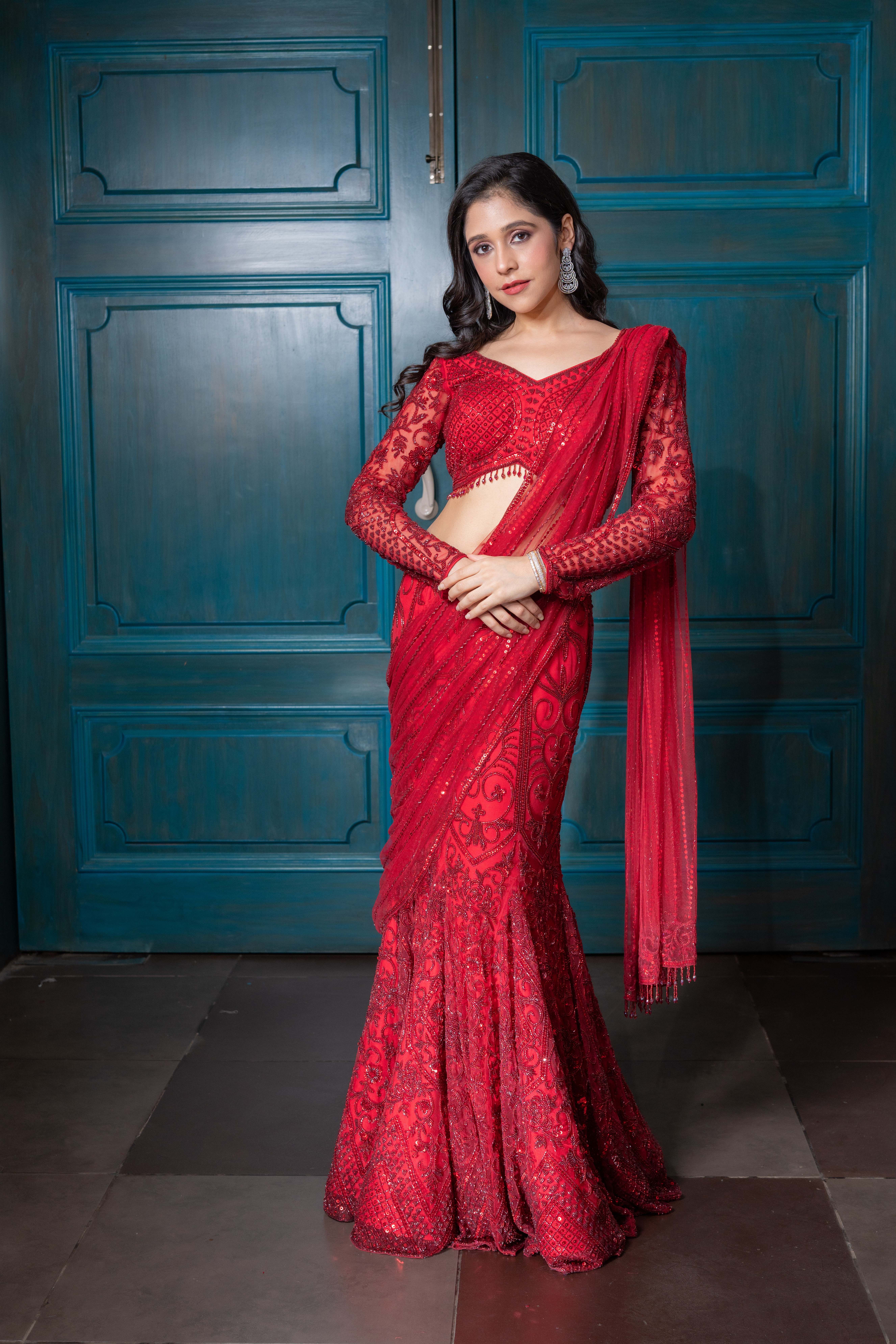 Deep Red Pre-Draped Saree