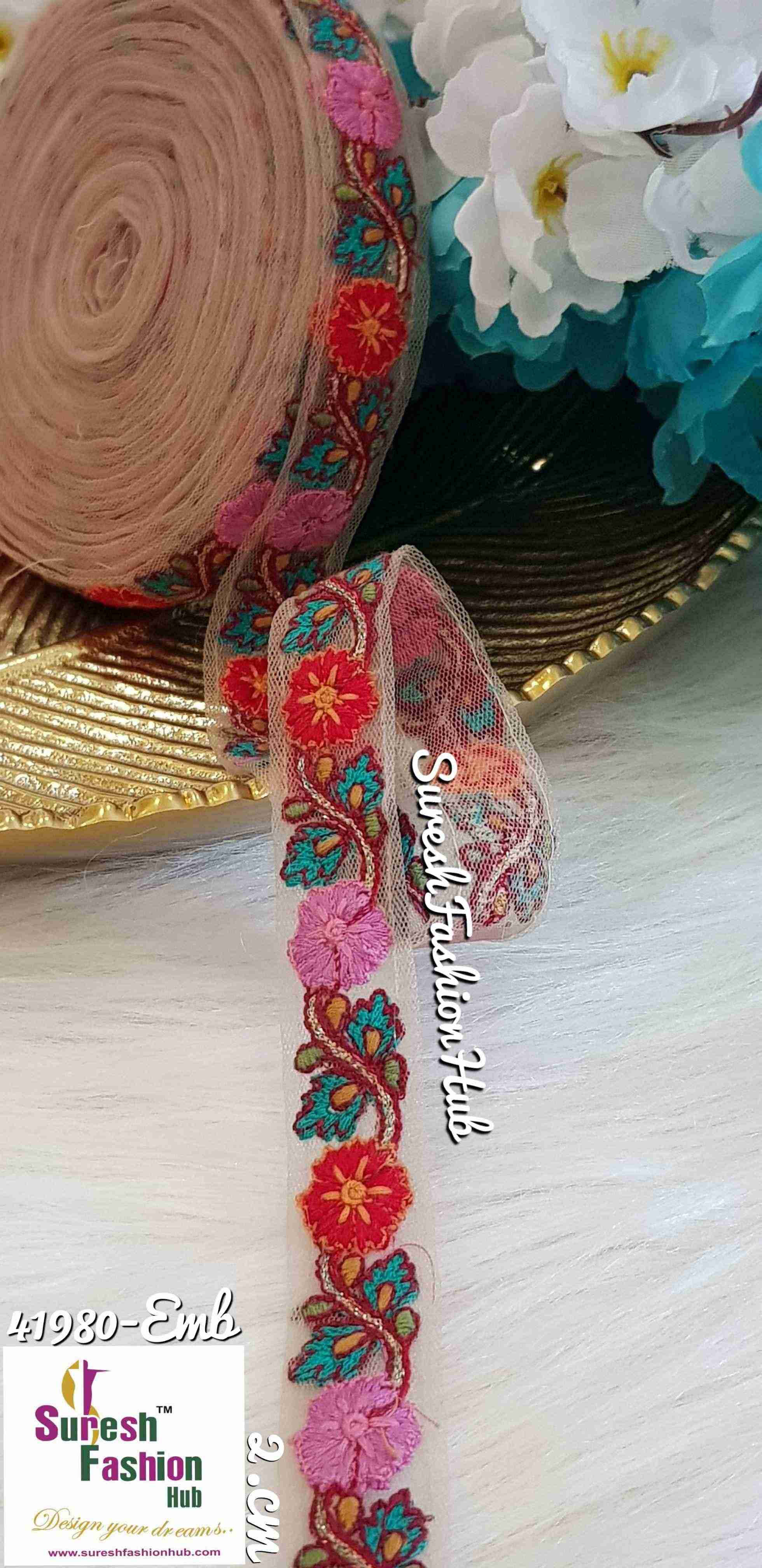 Mesh Beauty Red & Pink Flowers Thin Ribbon