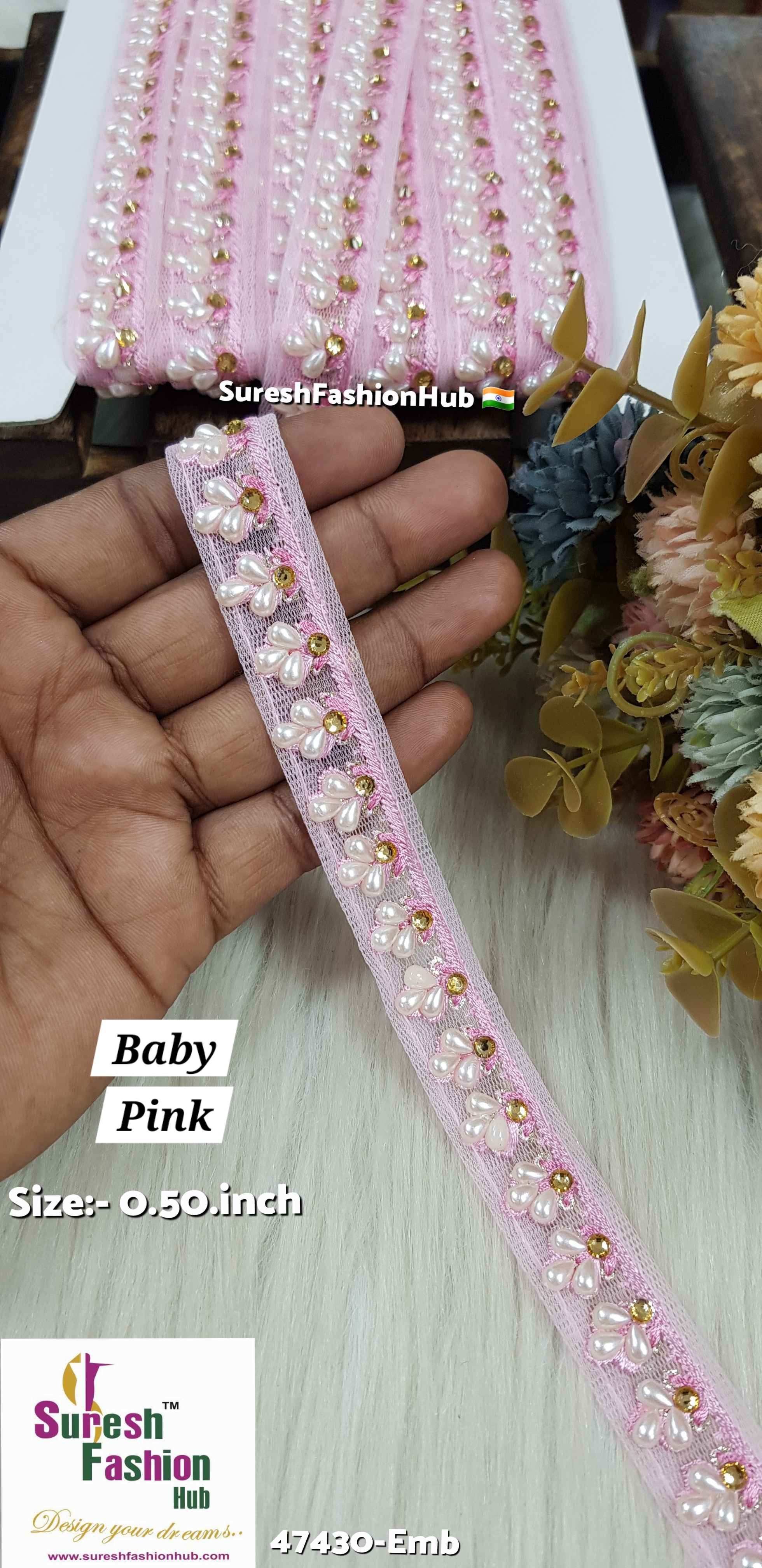 LuxeGlimmer Embroidered Trim - Baby Pink Color
