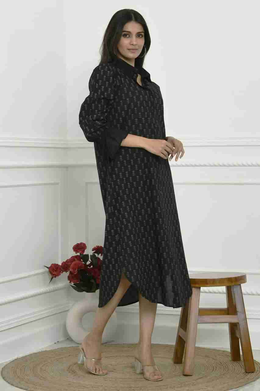 Naksh Black With Grey Khari Tinsel Print Long Shirt Kurta With Pockets