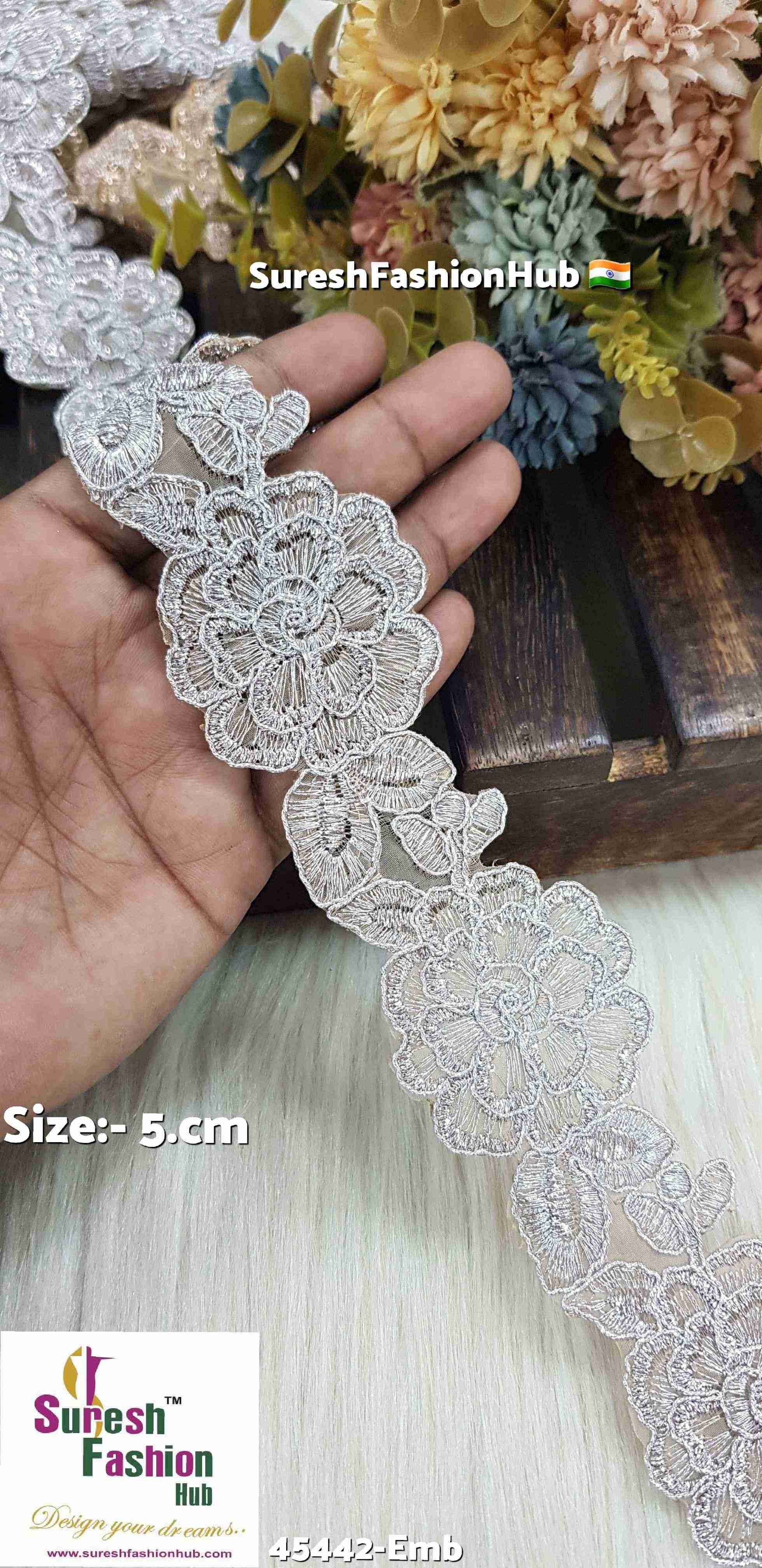 Floral Cutwork Zari Water Silver Dori Organza Lace