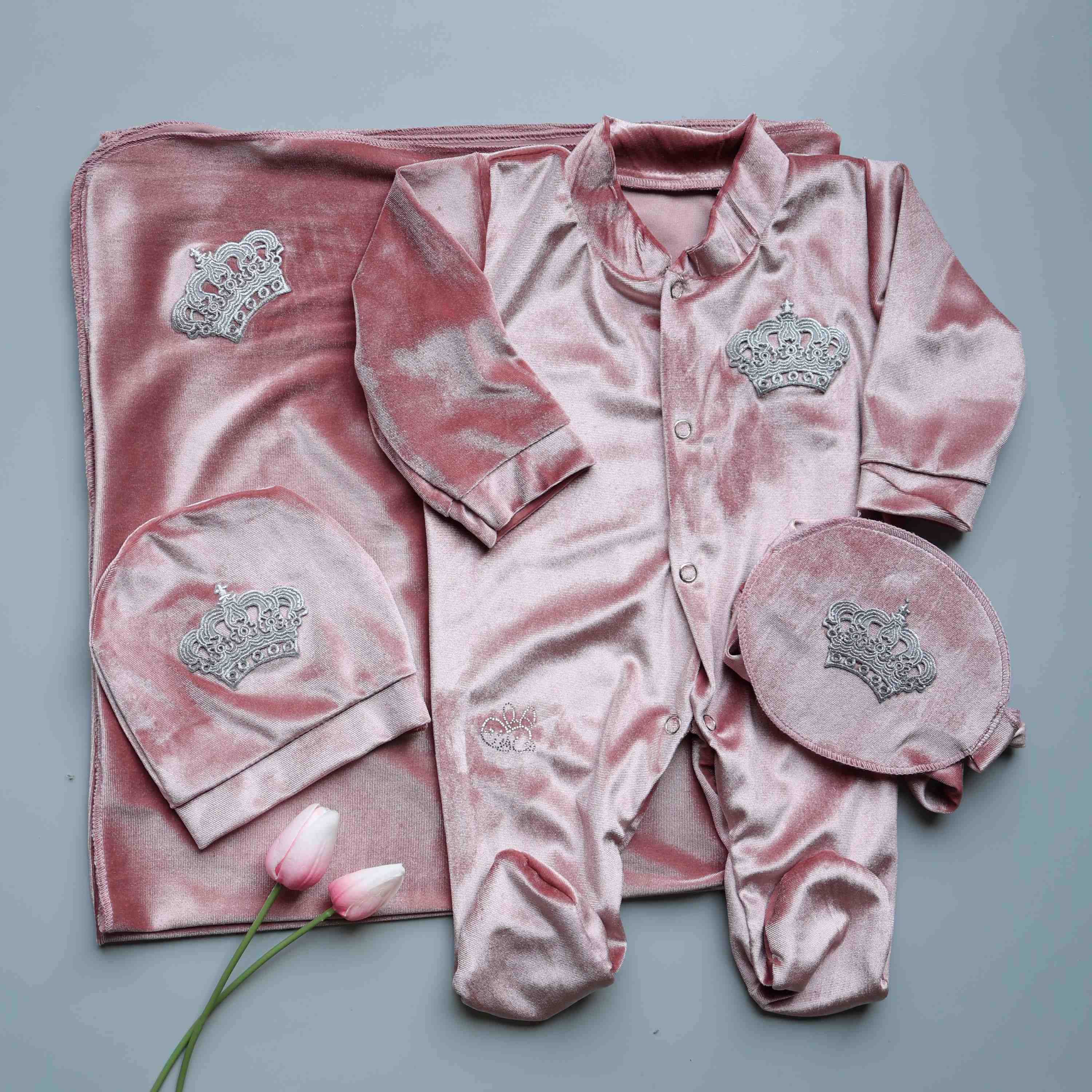 Blush Rose Velvet Crown Romper Set