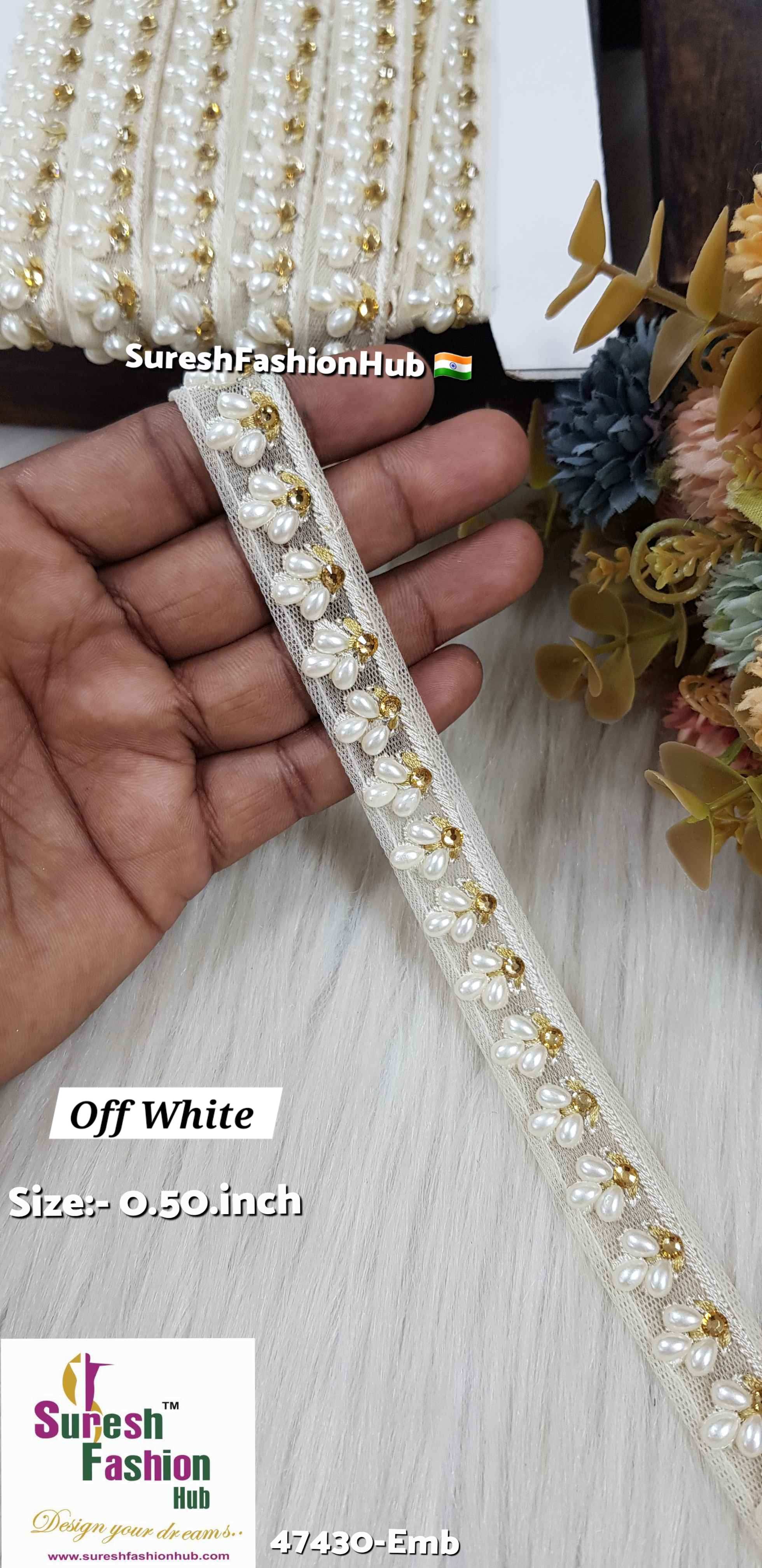 : LuxeGlimmer Embroidered Trim Off White Color
