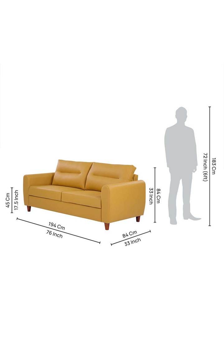 neudot Scott Sofa for Living Room |3 Persons Sofa|Premium Leatherette with Cushioned Armrest | Solid Wood Frame|3 Seater in Husky Yellow Color