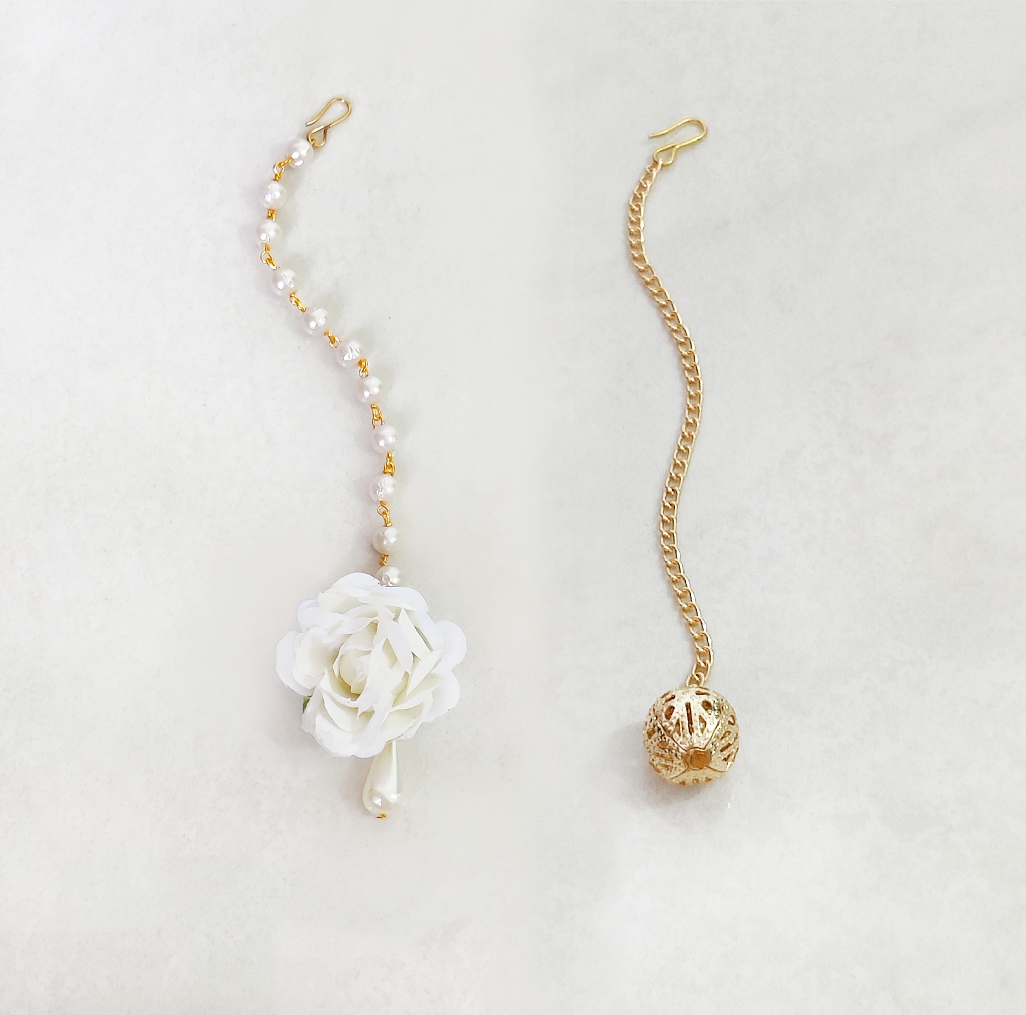 Set Of 2 Flower & Bead Maang Tikkas - Off White, Gold