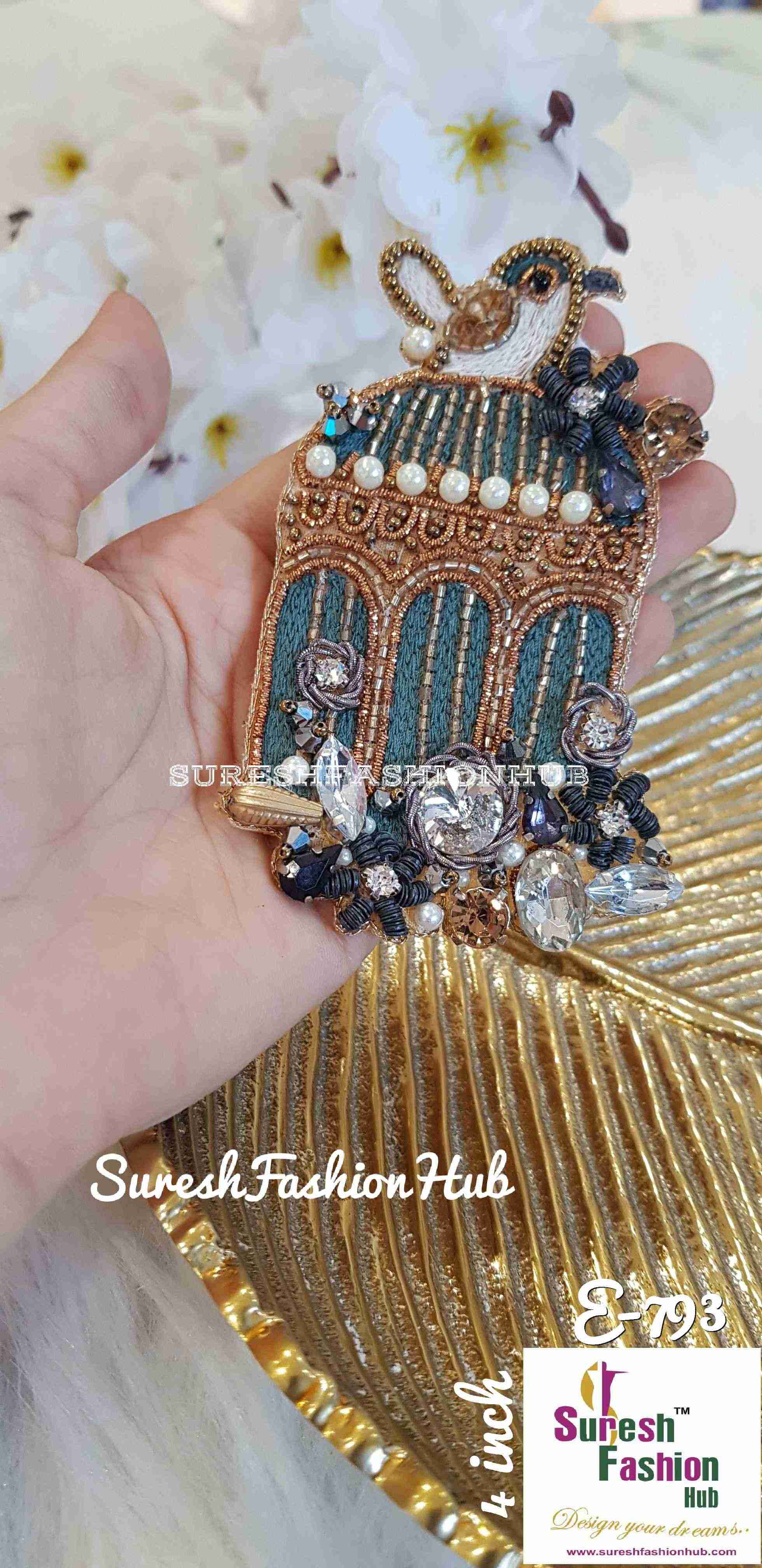 Heavily Embellished Bird Cage Grey-Blue Color Designer Patch
