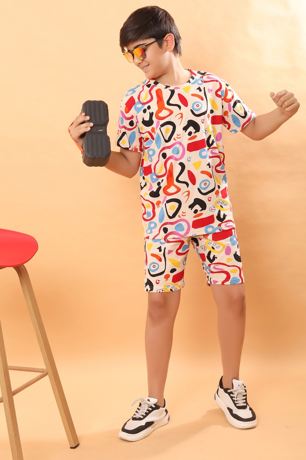 Ninos Dreams Boys Abstract Print 100 % Cotton Knit Half sleeves Coord Set with T-Shirt & Shorts-Beige