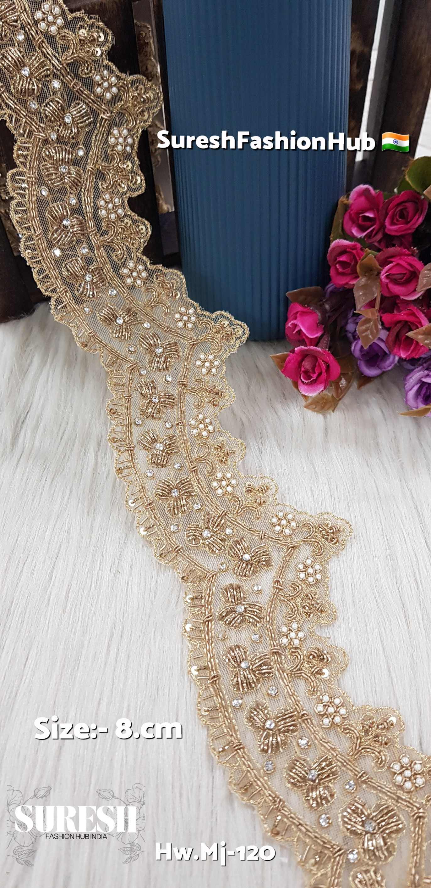 Antique Matt Grand Floral Double Scallop Handmade Zardosi Lace – Hw.Mj-120