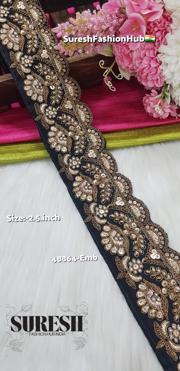 Black Matt Zari Floral Cutwork Lace – 48864-EMB