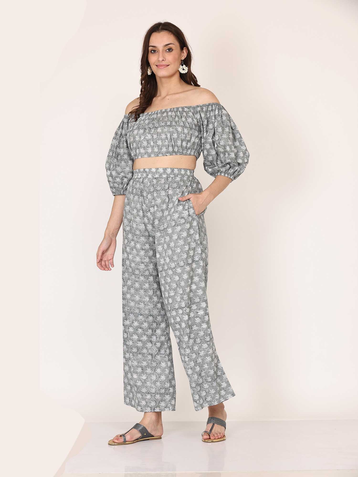 Alice18 Women's Elegant Grey Floral Off-Shoulder Co-Ord Set