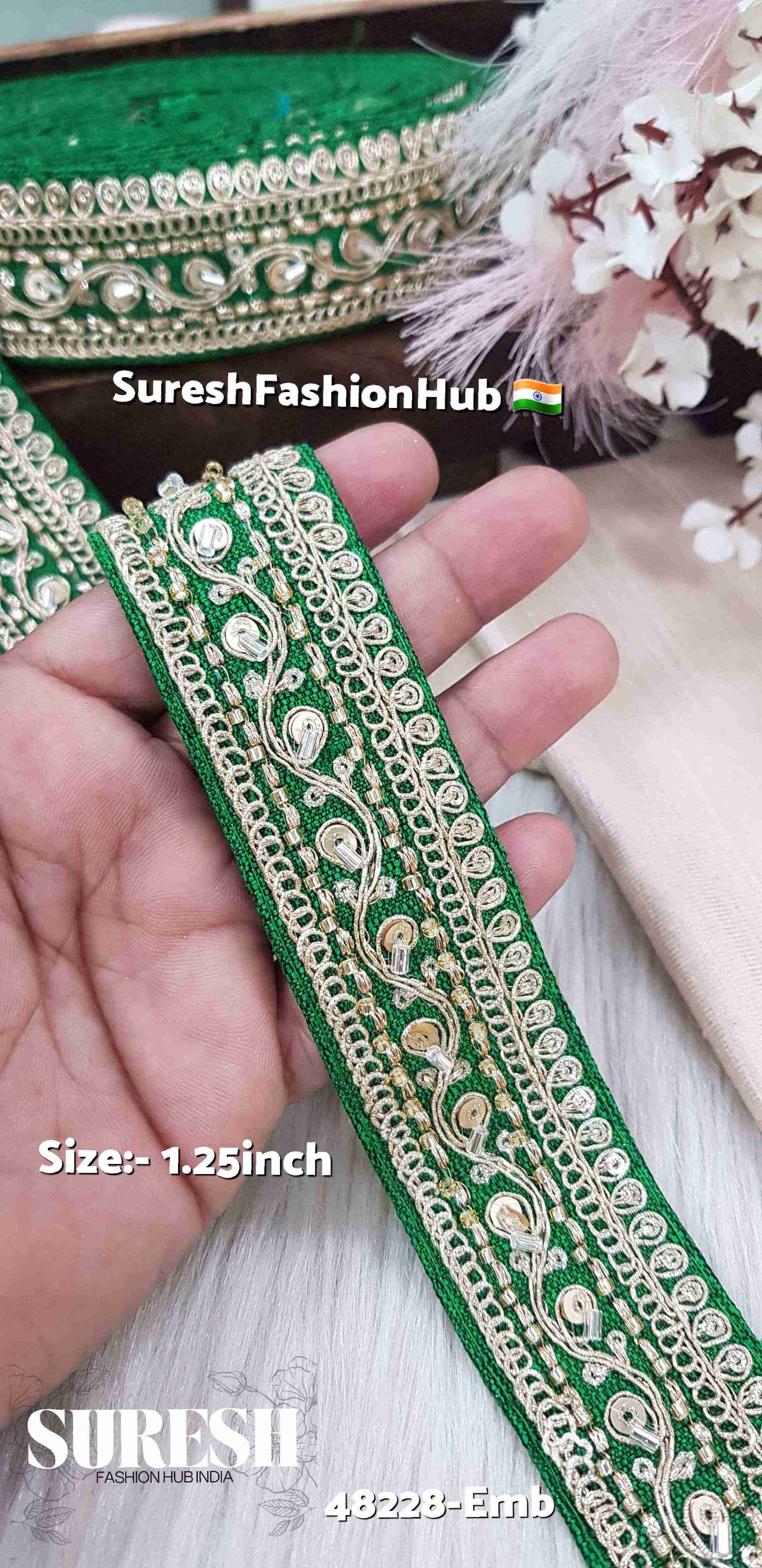 Graceful Floral Embroidered Border Green