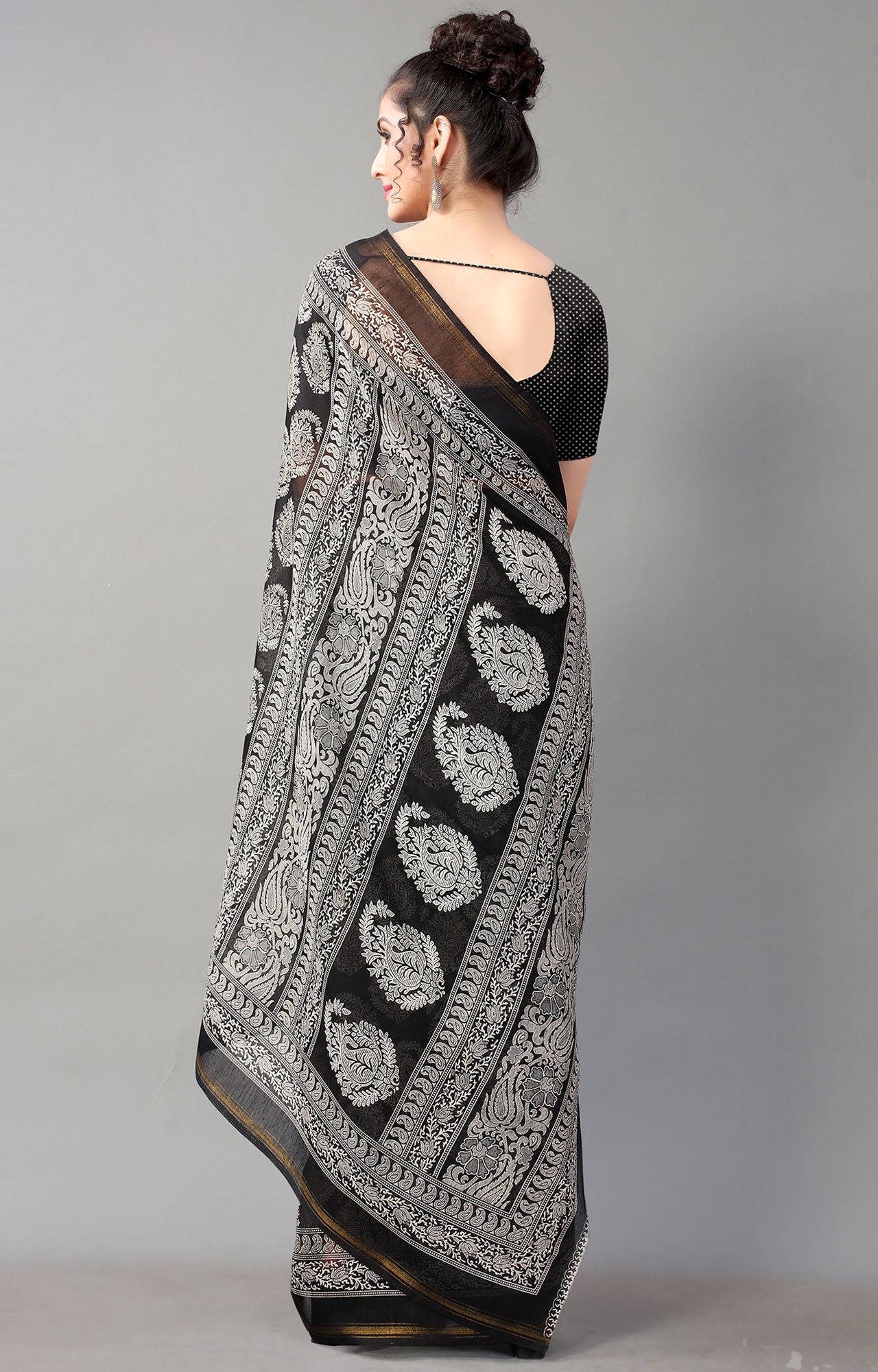 Women Black Batick Block Print Casual Wear Saree-HAL21CTN00036BLCK