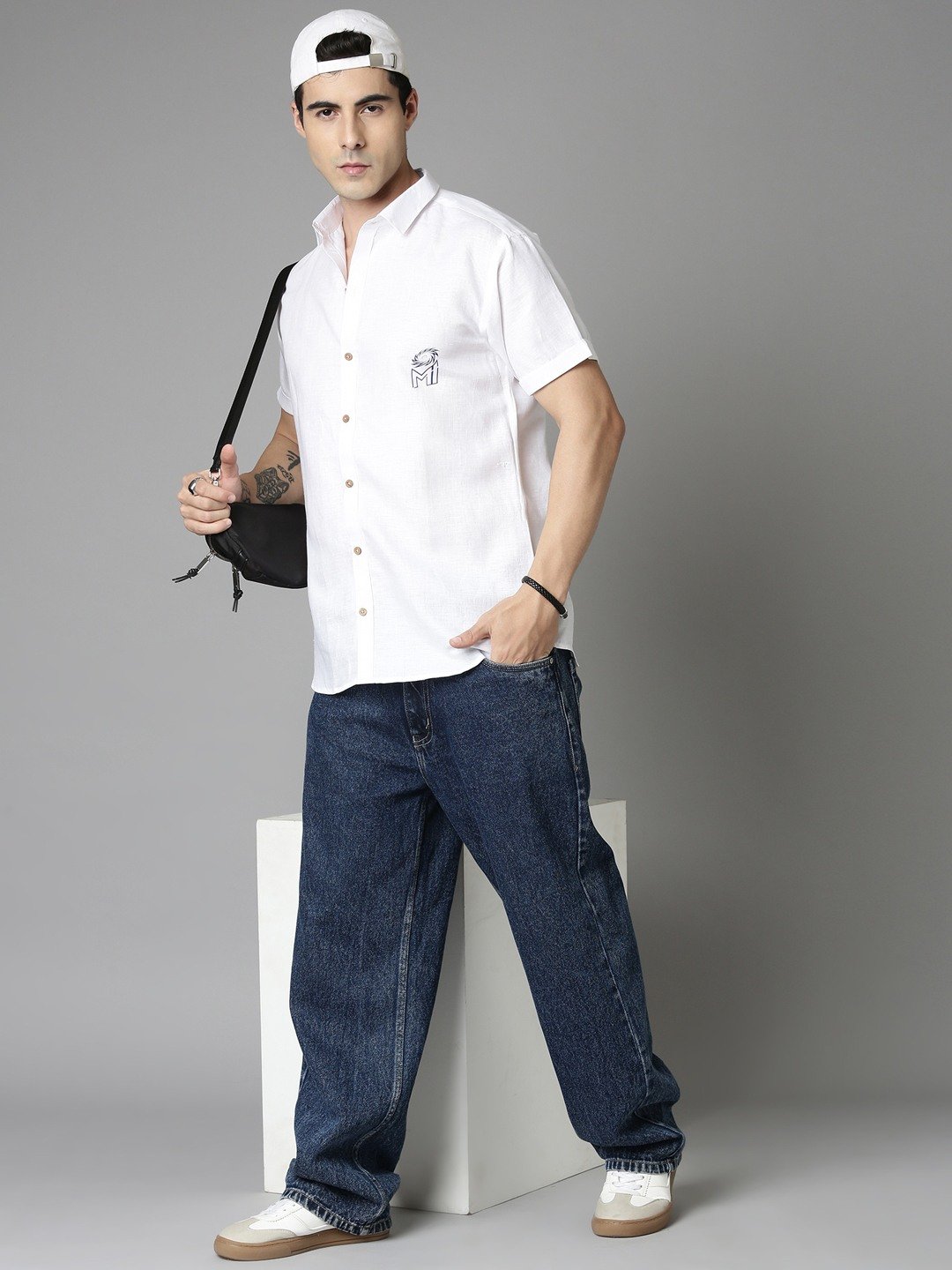 MI: Men White Back Printed Hemp Half Sleeves Shirt