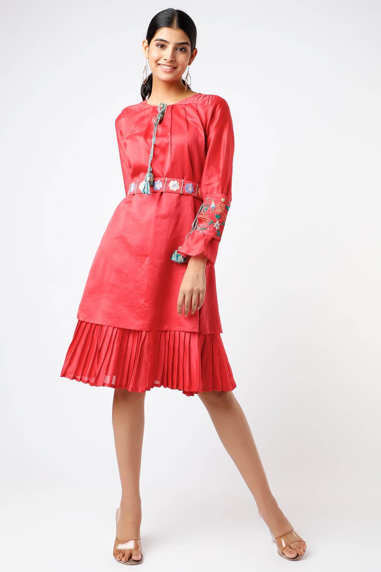 Red Layered Dress With Belt