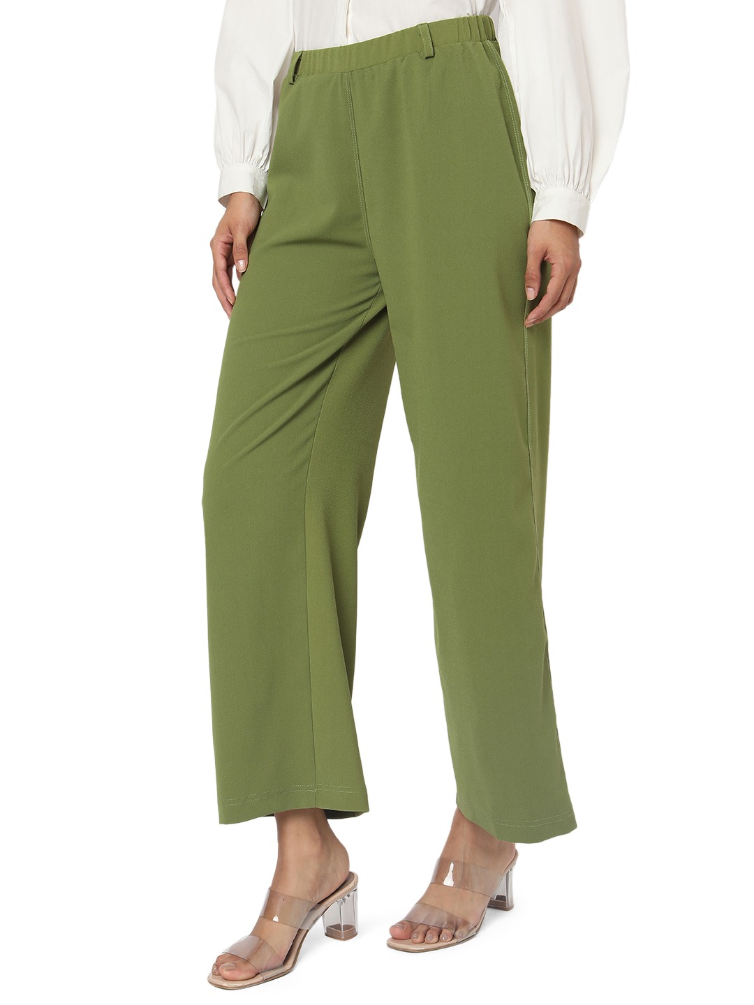 Smarty Pants women's moss cotton lycra olive color flared formal trouser